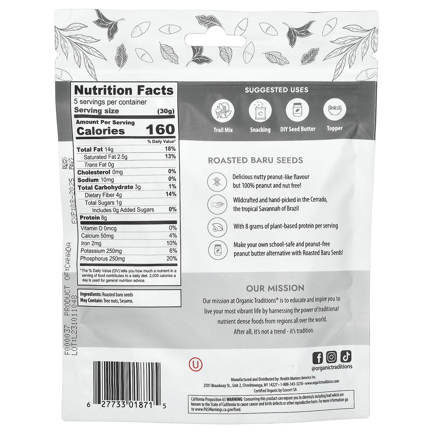 Organic Traditions, Roasted Baru Seeds,  5.3 oz (150 g) - Image 2
