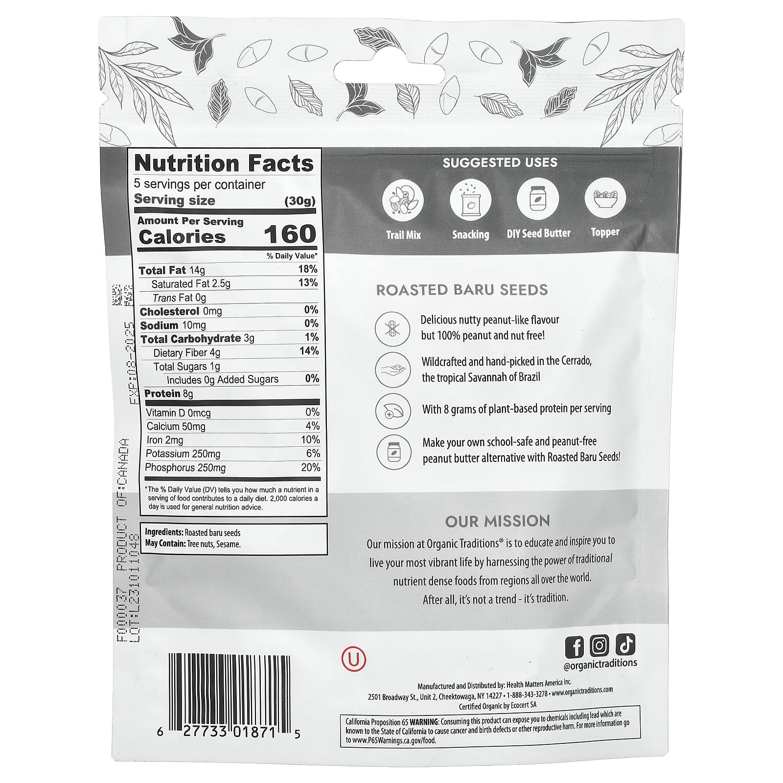 Organic Traditions, Roasted Baru Seeds,  5.3 oz (150 g) - Image 2