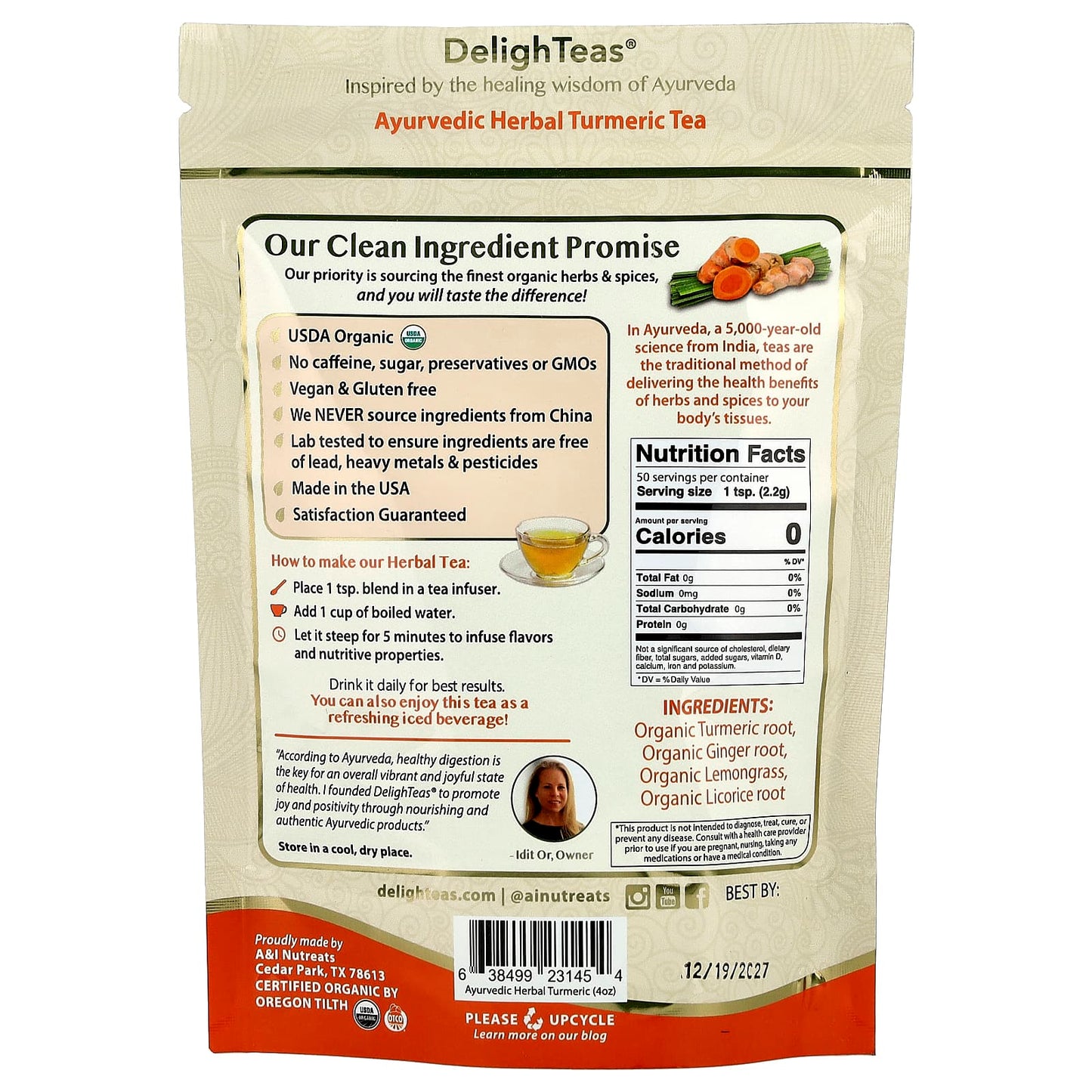 DelighTeas, Ayurvedic Herbal Turmeric Tea, Loose Blend, Caffeine Free , 4 oz (113 g)