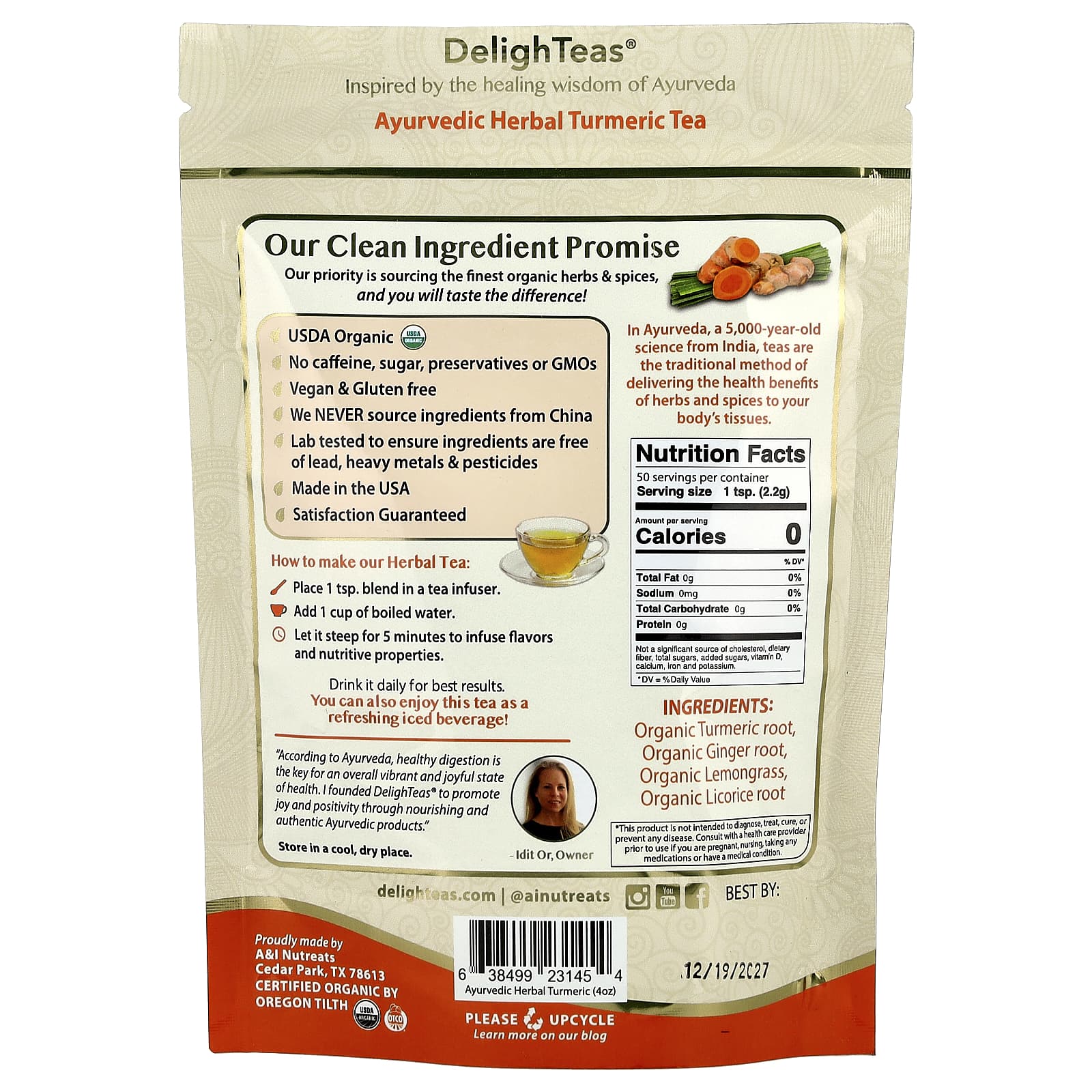 DelighTeas, Ayurvedic Herbal Turmeric Tea, Loose Blend, Caffeine Free , 4 oz (113 g)