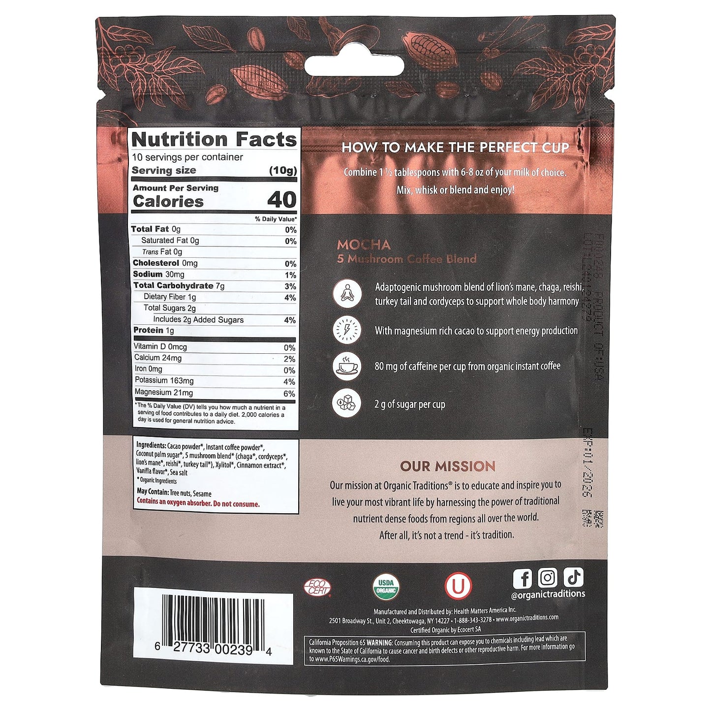 Organic Traditions, 5 Mushroom Coffee Blend, Mocha, 3.5 oz (100 g) - Image 2
