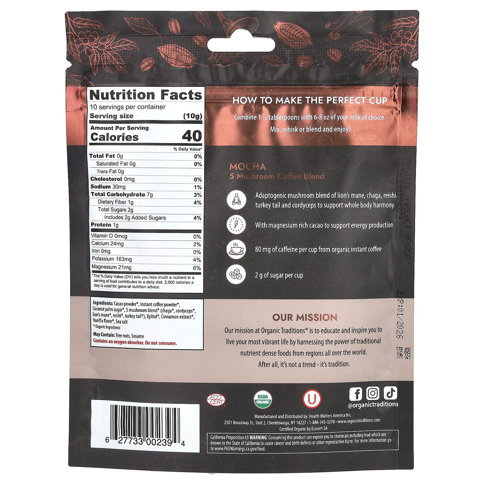 Organic Traditions, 5 Mushroom Coffee Blend, Mocha, 3.5 oz (100 g) - Image 2