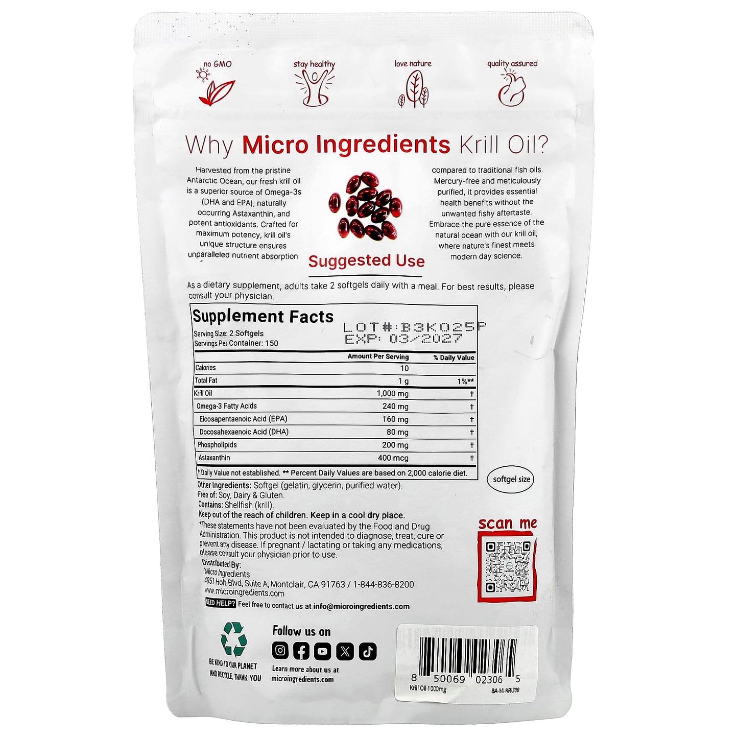 Micro Ingredients, Antarctic Krill Oil, 300 Softgels (500 mg per Softgel) - Image 2