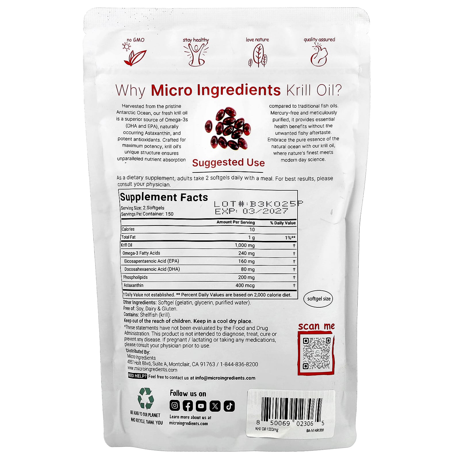 Micro Ingredients, Antarctic Krill Oil, 300 Softgels (500 mg per Softgel) - Image 2