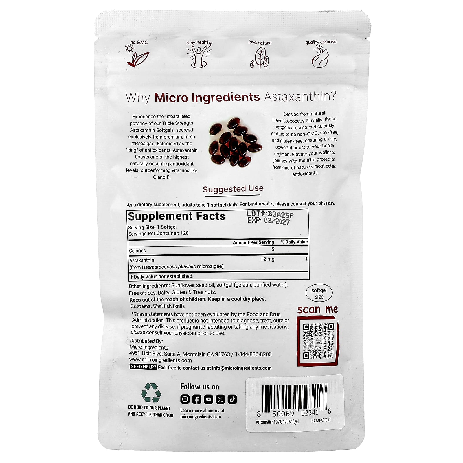 Micro Ingredients, Astaxanthin , 12 mg, 120 Softgels - Image 2