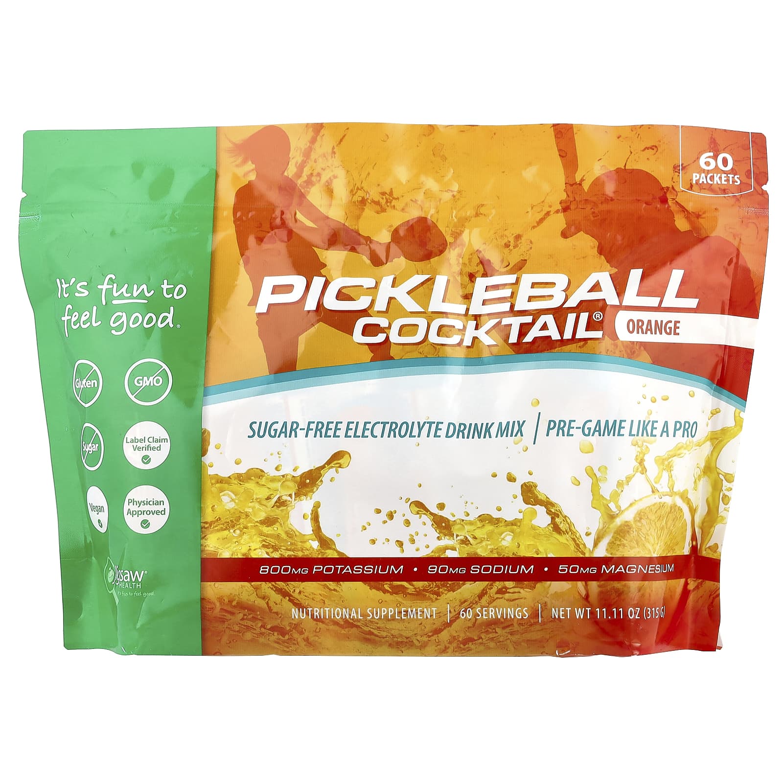 Jigsaw Health, Pickleball Cocktail®, Sugar-Free Electrolyte Drink Mix, Orange, 60 Packets, 5 g Each