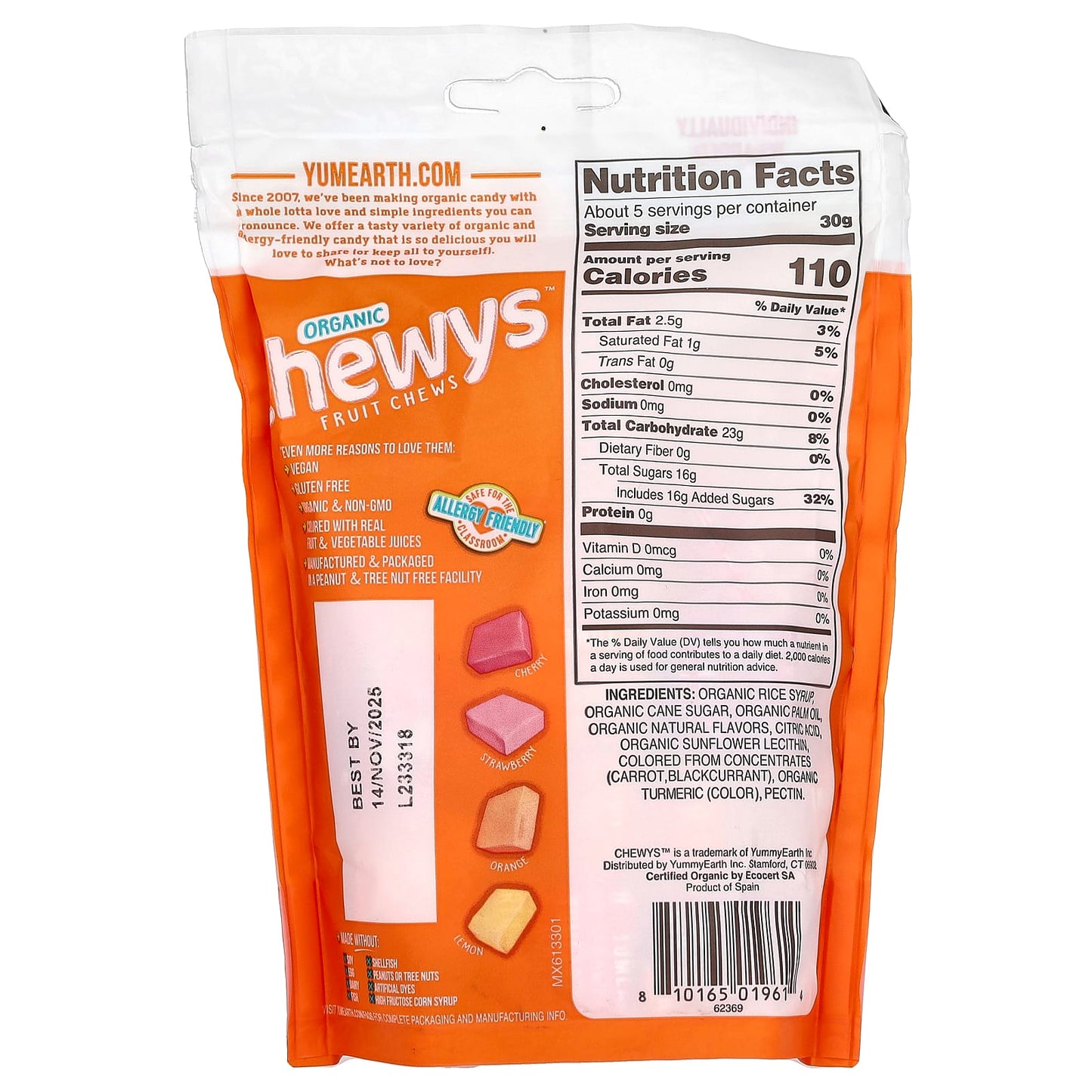 YumEarth, Organic Chewys Fruit Chews, Lemon, Orange, Strawberry, Cherry, 5 oz (142 g) - Image 2