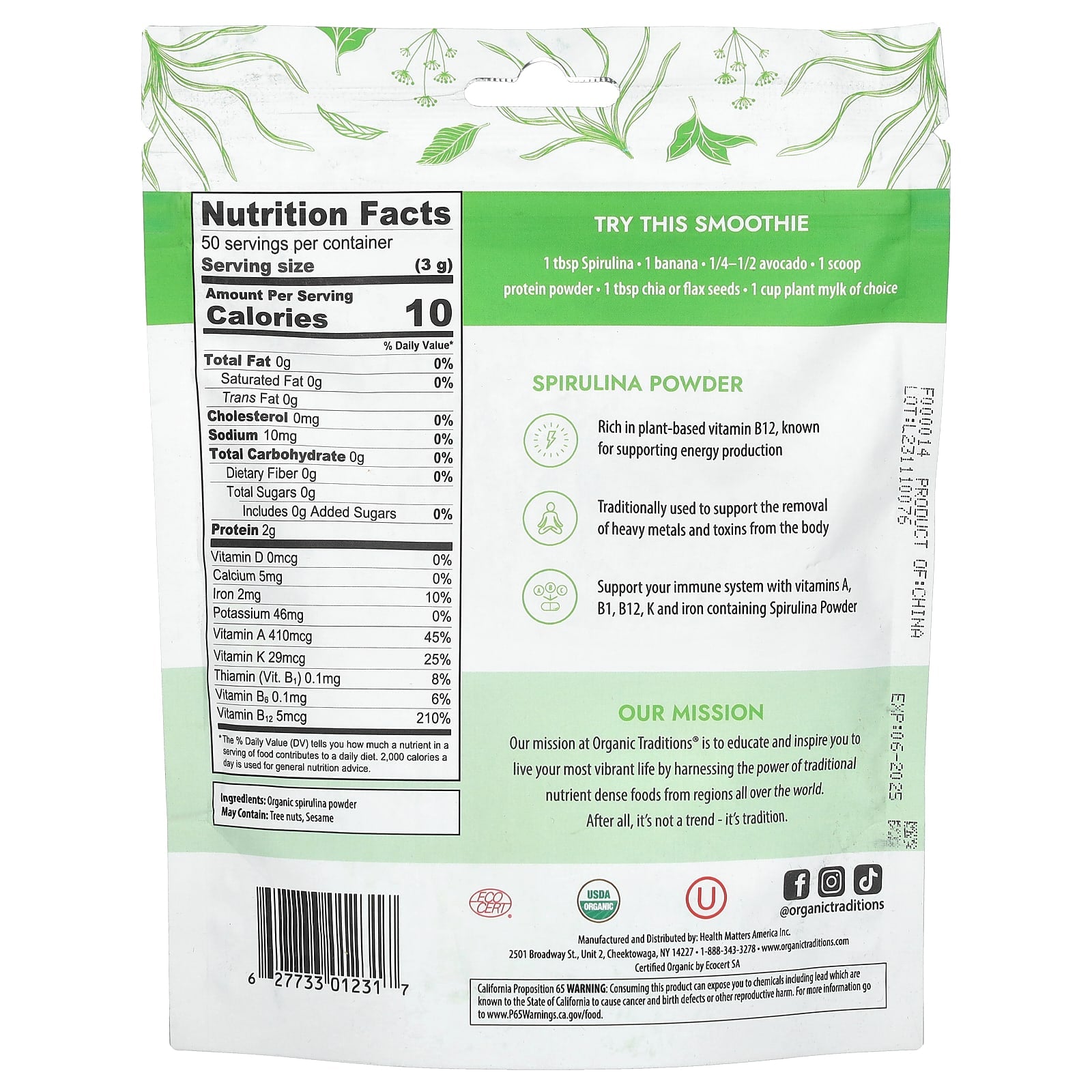 Organic Traditions, Spirulina Powder, 5.3 oz (150 g) - Image 2