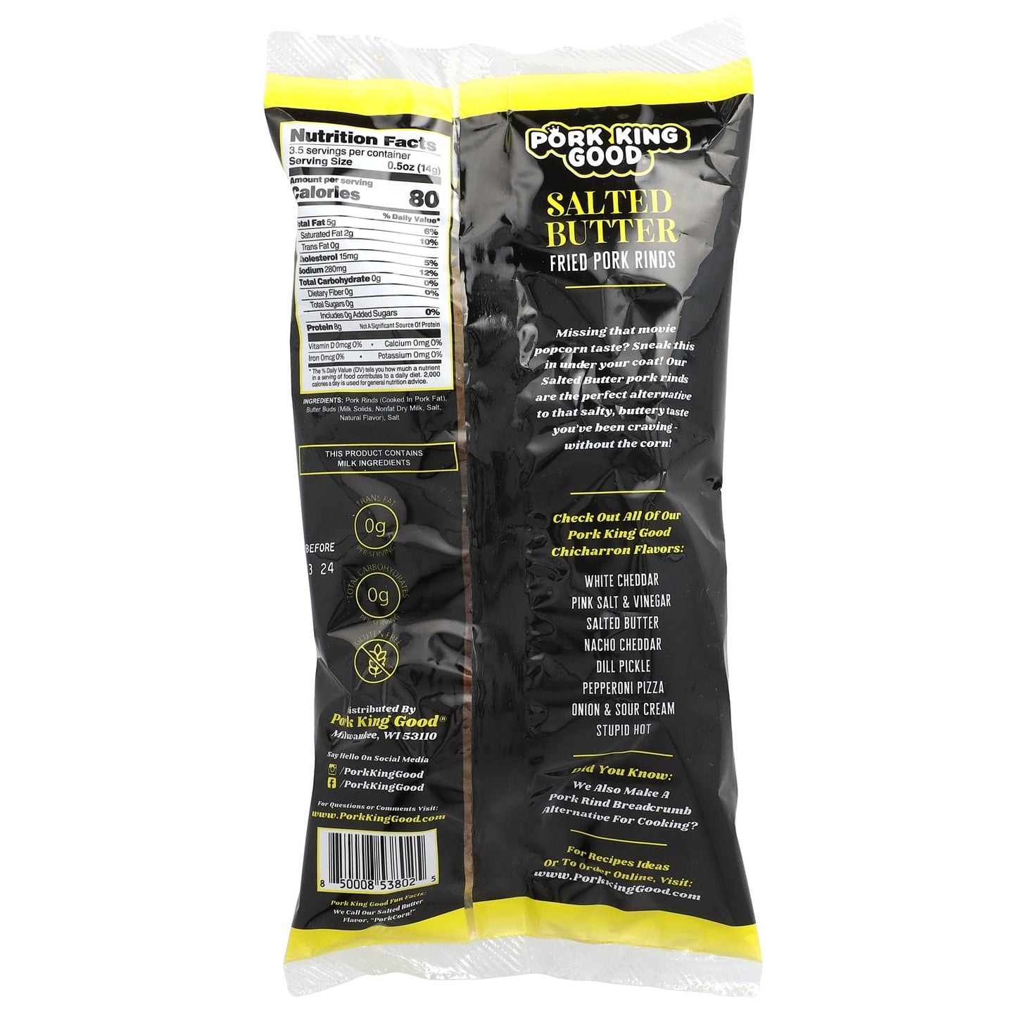 Pork King Good, Flavored Chicharrones, Salted Butter, 1.75 oz (49.5 g) - Image 2