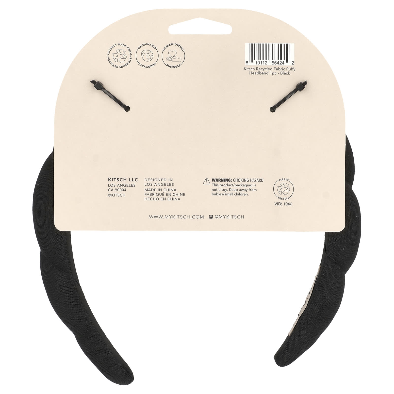 Kitsch, Recycled Fabric Puffy Headband, Black, 1 Headband - Image 2