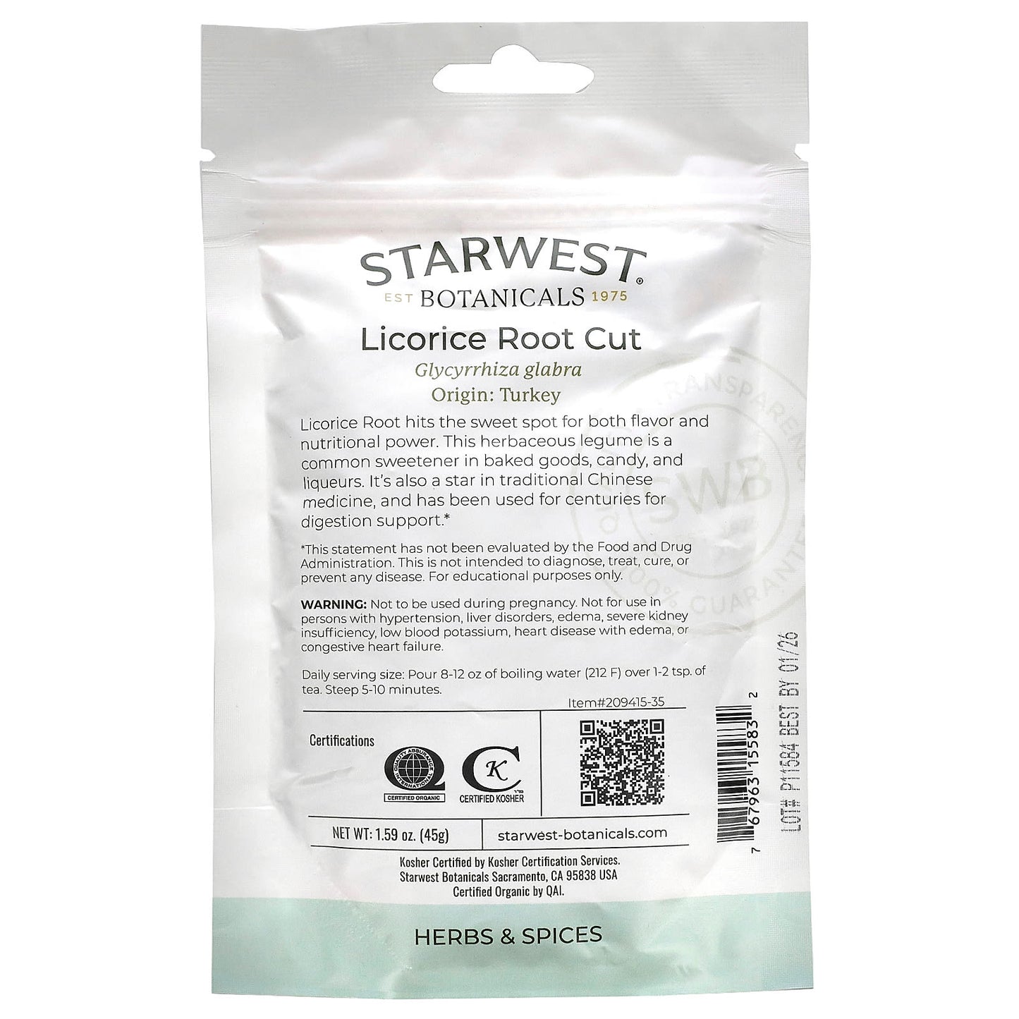 Starwest Botanicals, Certified Organic Licorice Root Cut, 1.59 oz (45 g) - Image 2