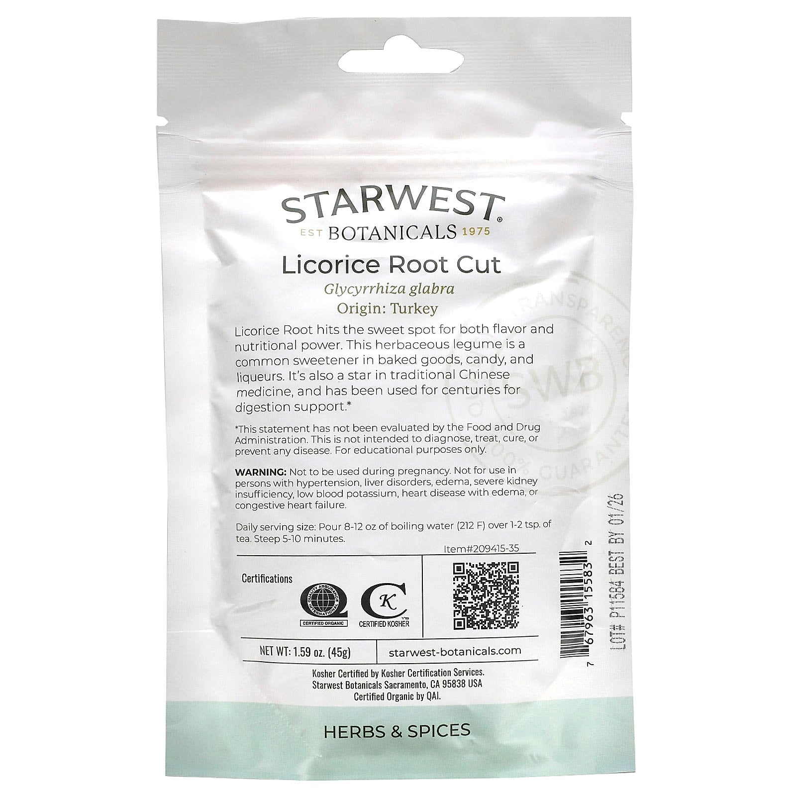 Starwest Botanicals, Certified Organic Licorice Root Cut, 1.59 oz (45 g) - Image 2