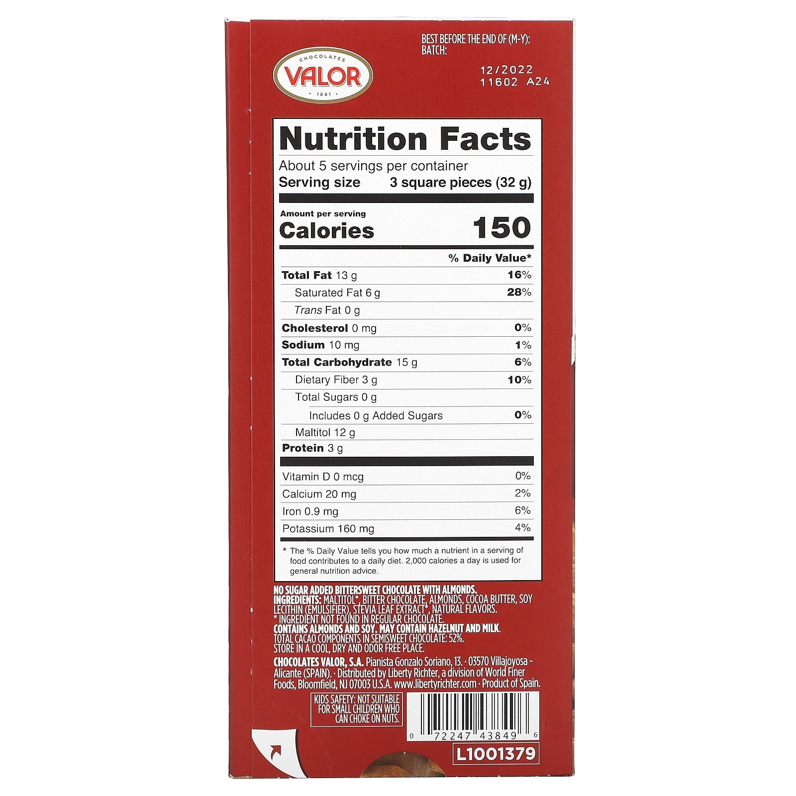 Valor, 0% Sugar Added, Dark Chocolate with Almonds, 5.3 oz (150 g) - Image 2