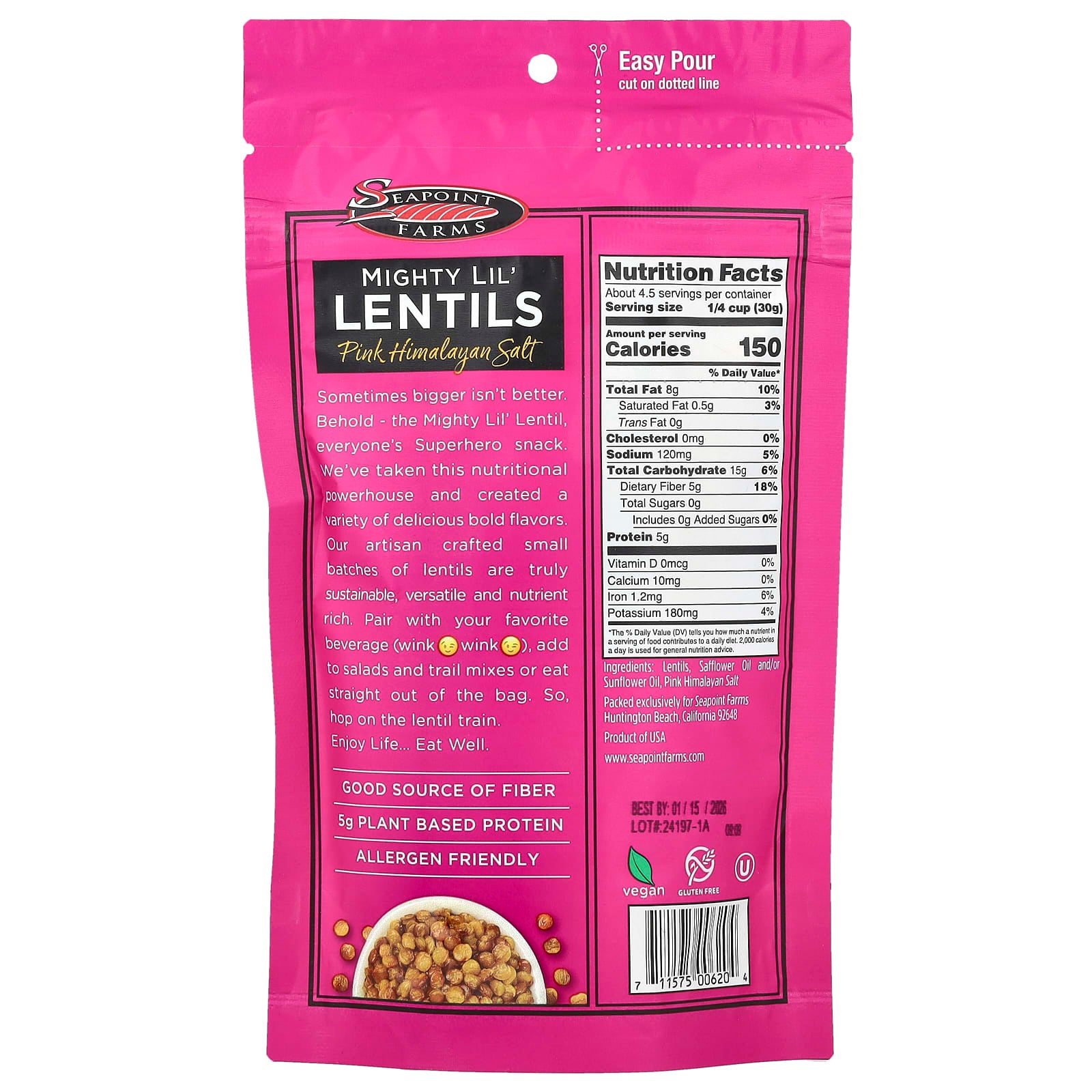 Seapoint Farms, Mighty Lil' Lentils, Pink Himalayan Salt, 5 oz (142 g) - Image 2