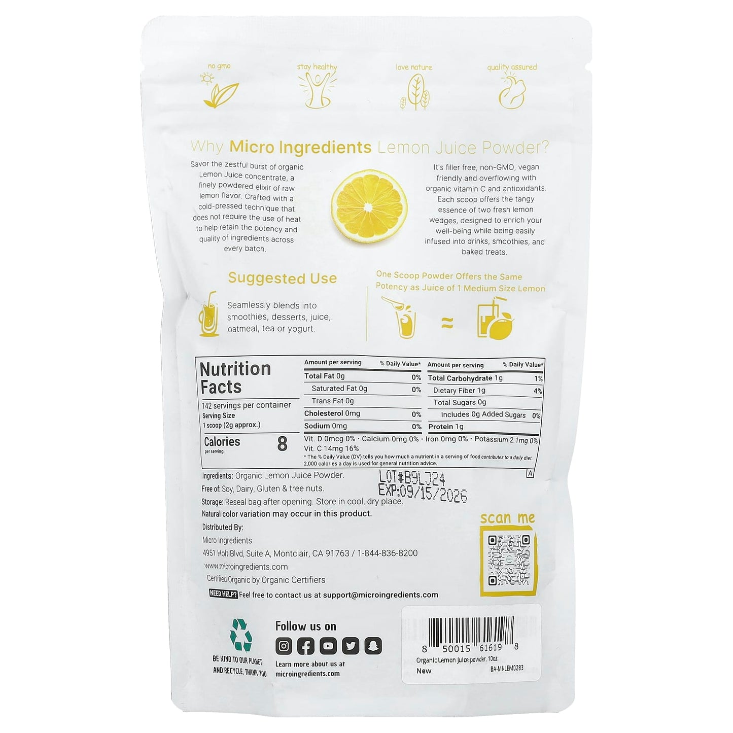 Micro Ingredients, Organic Lemon Juice Powder, 10 oz (284 g) - Image 2