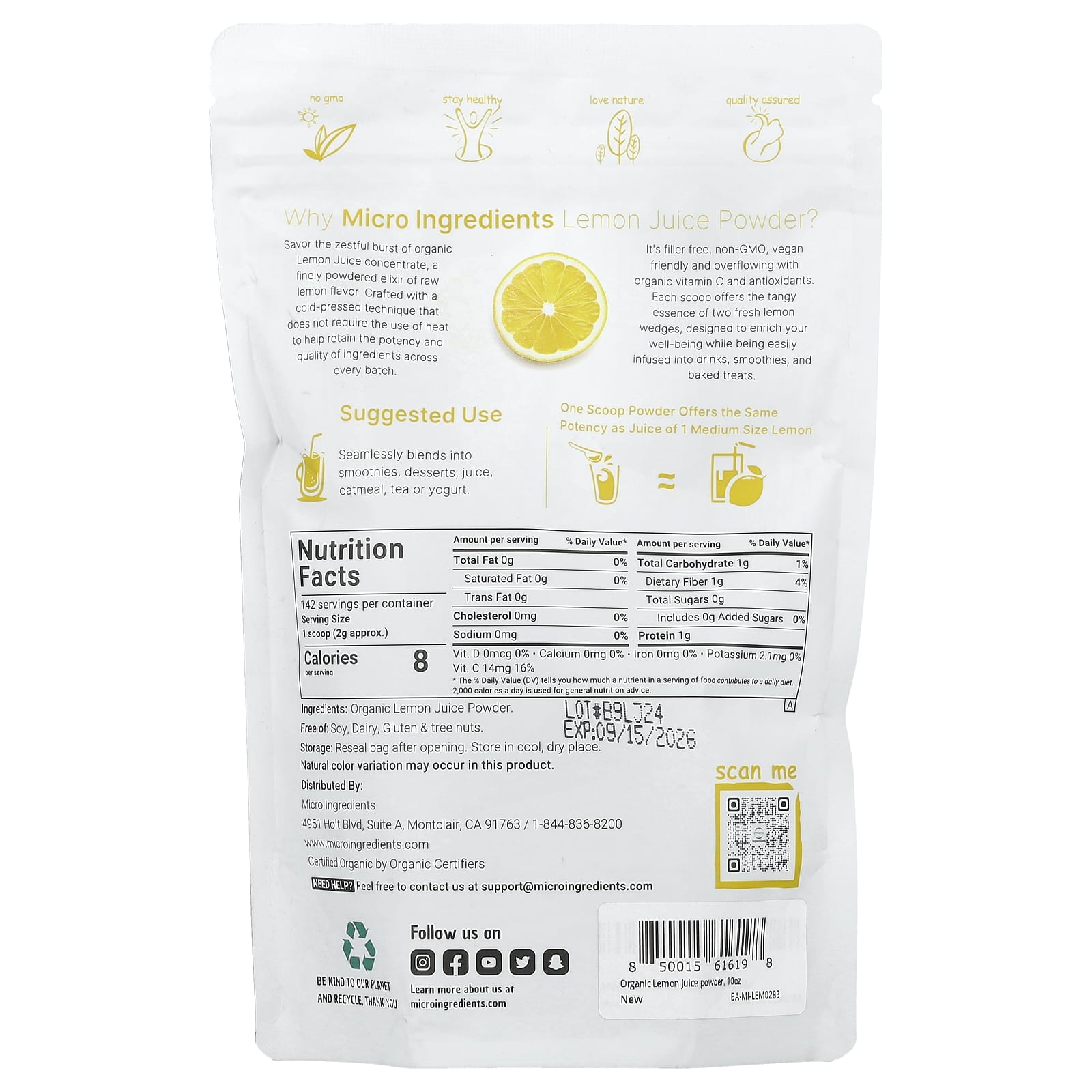 Micro Ingredients, Organic Lemon Juice Powder, 10 oz (284 g) - Image 2