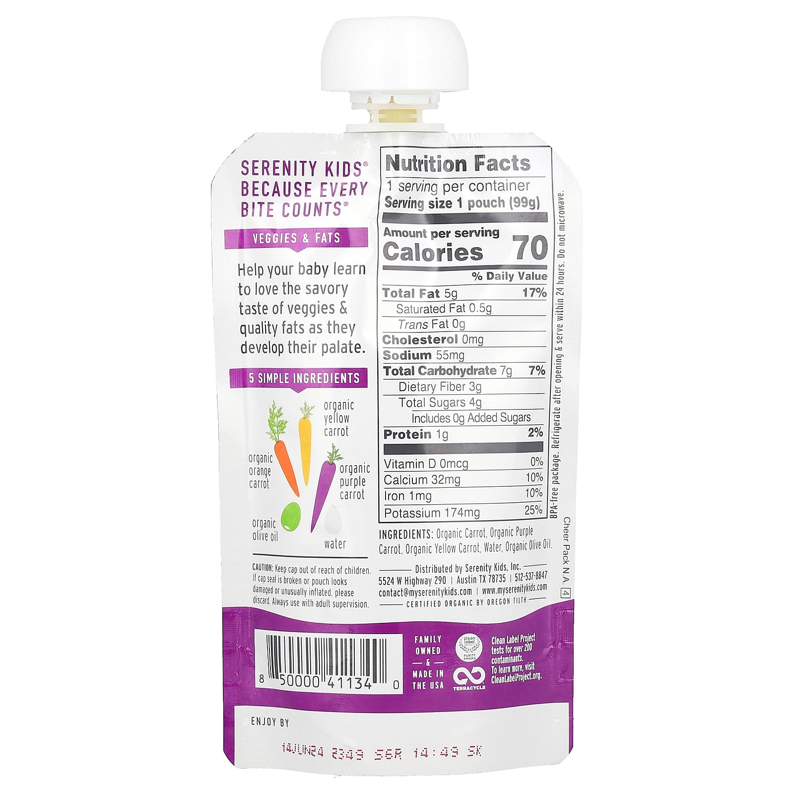 Serenity Kids, Organic Carrots, 6+ Months, Orange, Purple & Yellow Carrots with Olive Oil, 3.5 oz (99 g) - Image 2