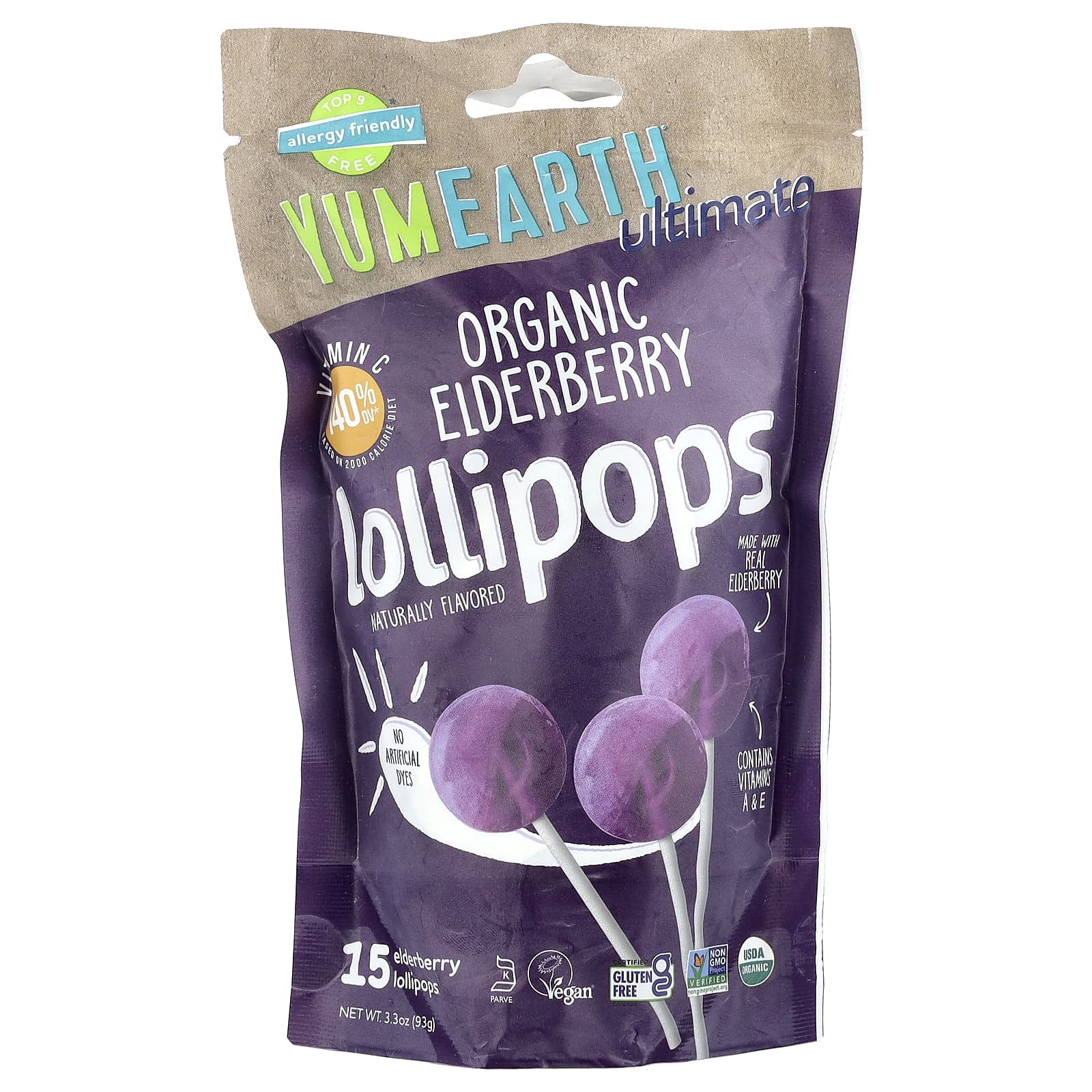 YumEarth, Ultimate, Organic Elderberry Lollipops, 15 Lollipops, 3.3 oz (93 g) - Image 1