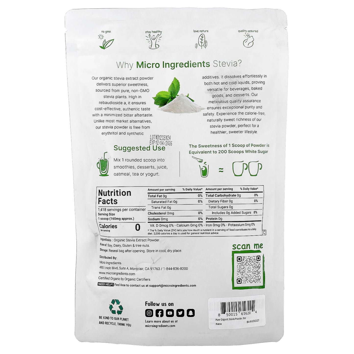 Micro Ingredients, Organic Stevia Extract Powder, 8 oz (227 g) - Image 2
