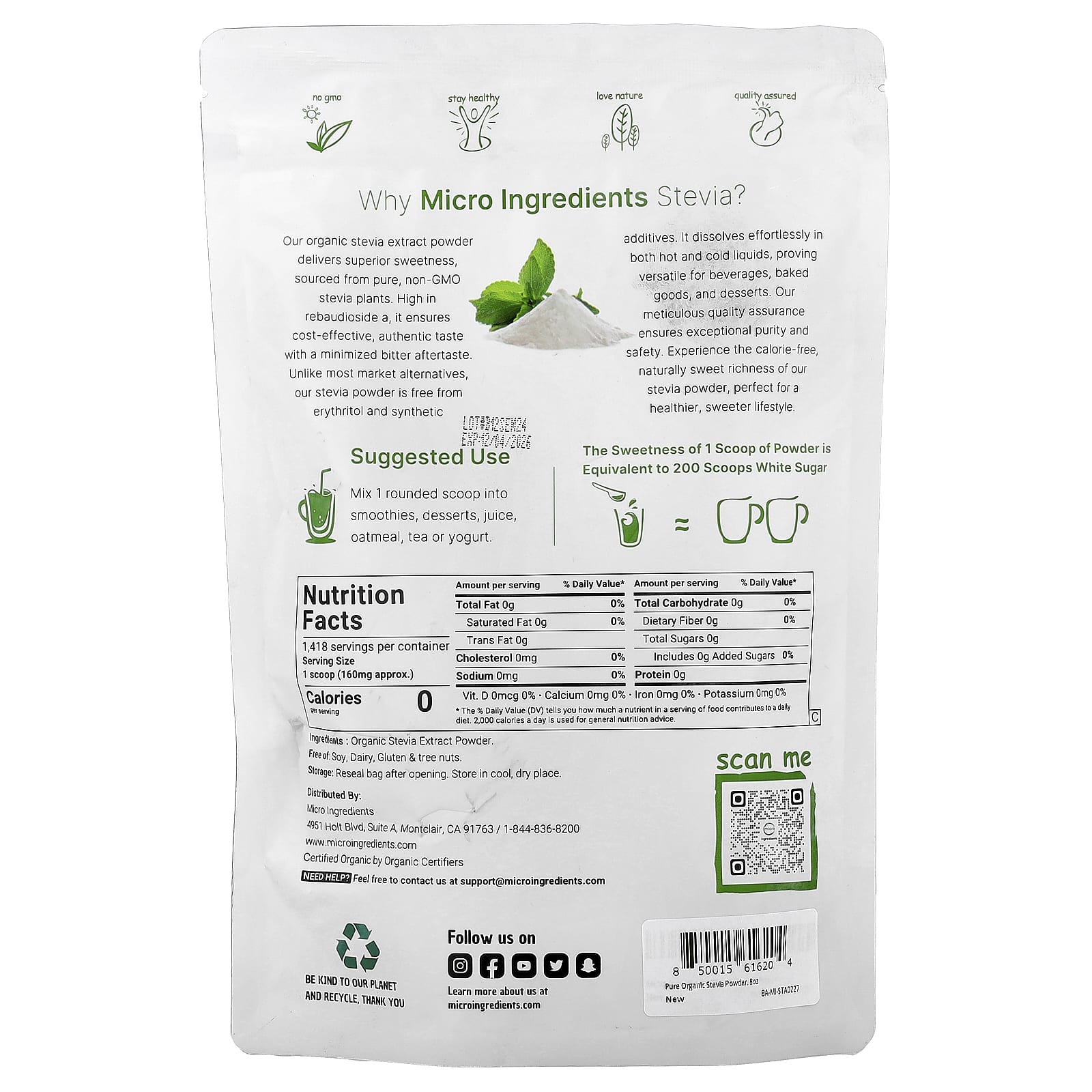 Micro Ingredients, Organic Stevia Extract Powder, 8 oz (227 g) - Image 2