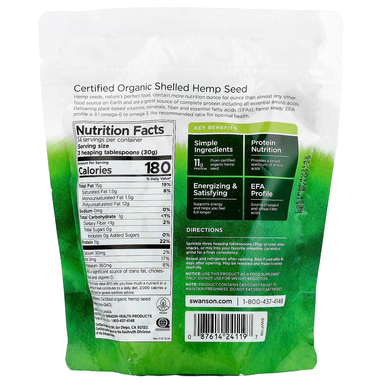 Swanson, Certified Organic Hemp Seed, Shelled, 15 oz (425 g) - Image 2