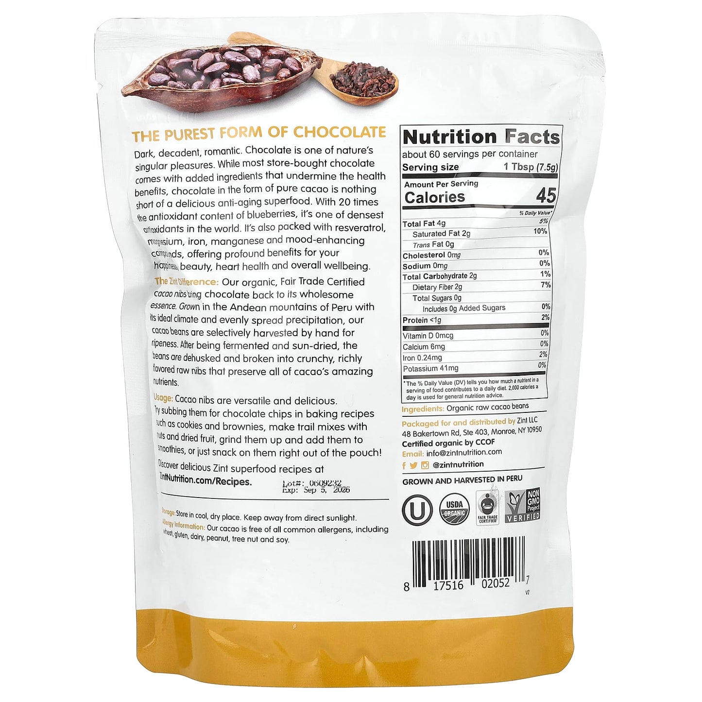 Zint, Raw Organic Cacao Nibs, 16 oz (454 g) - Image 2