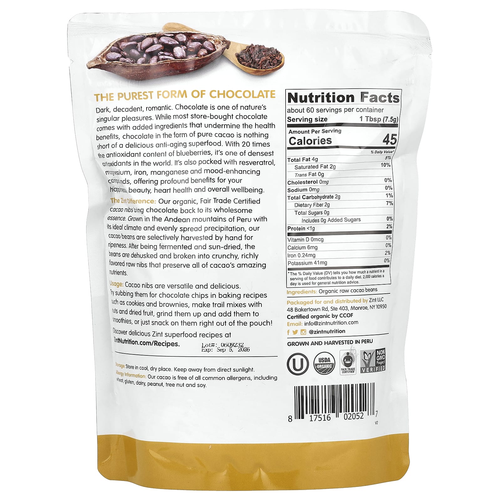 Zint, Raw Organic Cacao Nibs, 16 oz (454 g) - Image 2