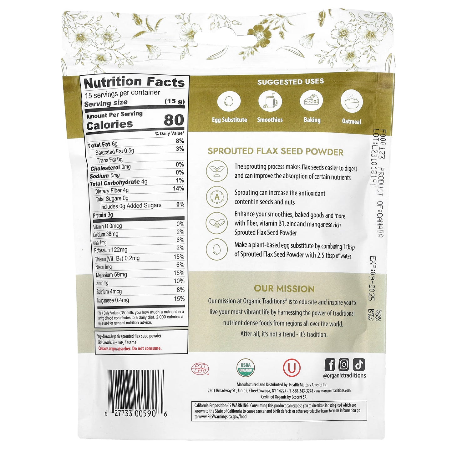 Organic Traditions, Sprouted Flax Seed Powder, 8 oz (227 g) - Image 2