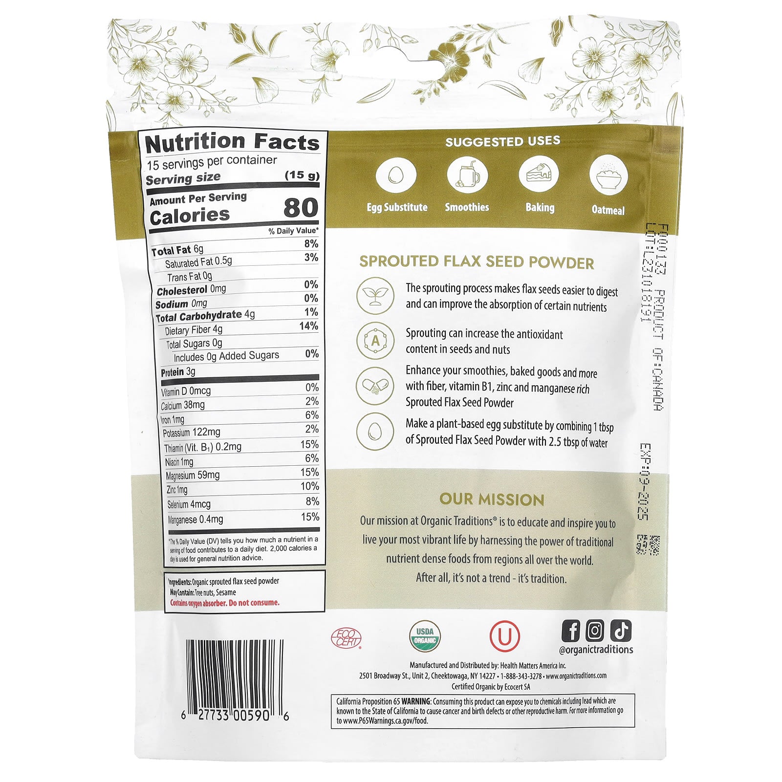 Organic Traditions, Sprouted Flax Seed Powder, 8 oz (227 g) - Image 2