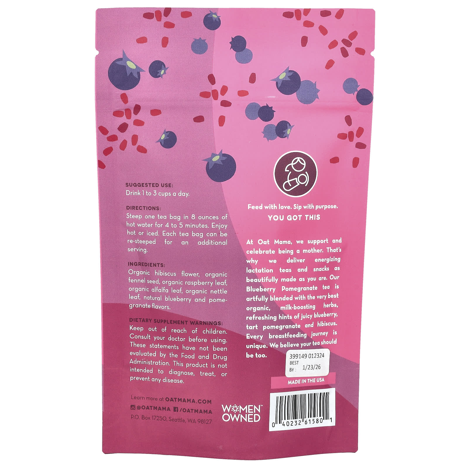 Oat Mama, Lactation Tea, Blueberry Pomegranate, Caffeine Free, 14 Tea Bags, 32 g - Image 2