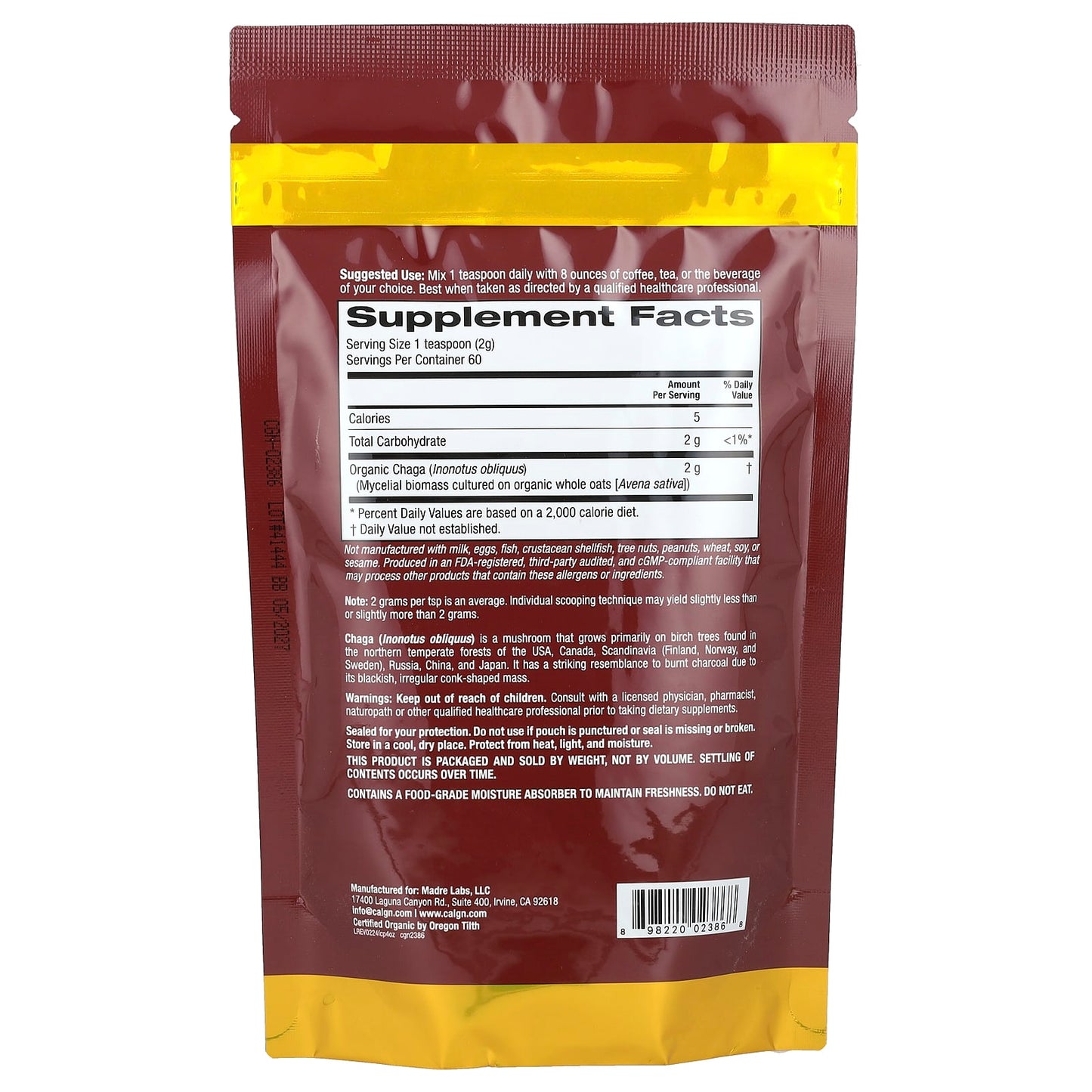 California Gold Nutrition Certified Organic Chaga Mushroom Powder - Image 2