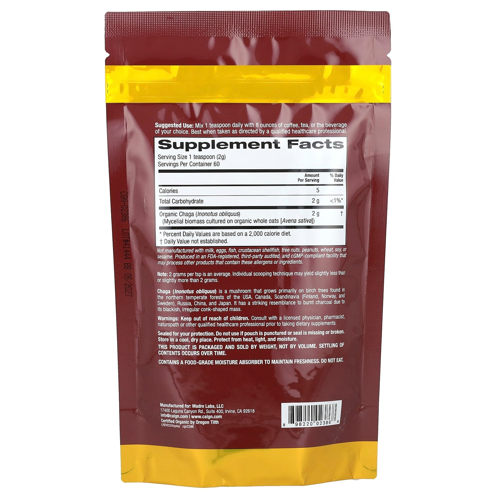 California Gold Nutrition Certified Organic Chaga Mushroom Powder - Image 2