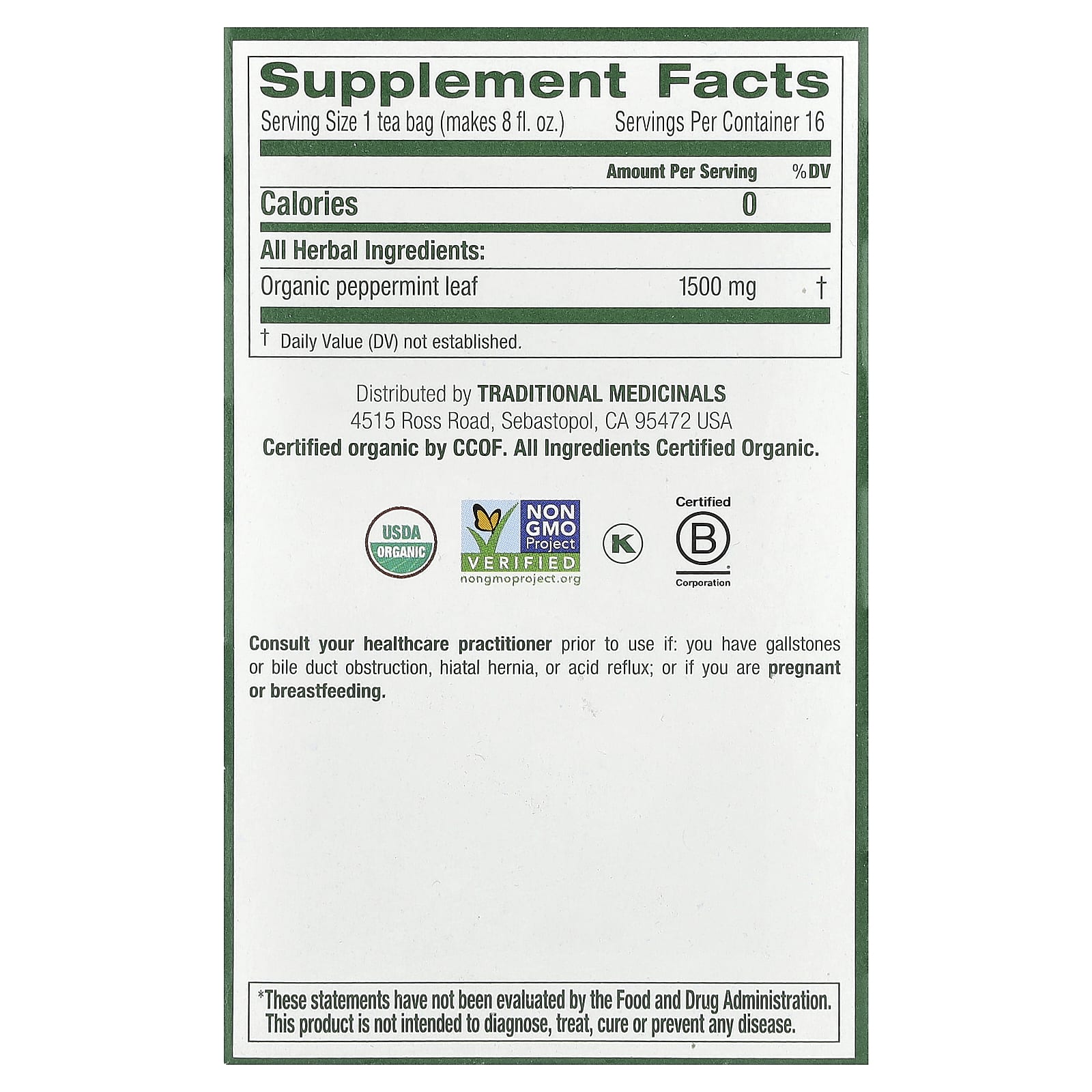 Traditional Medicinals, Organic Peppermint, Caffeine Free, 16 Wrapped Tea Bags, 0.85 oz (24 g) - Image 2