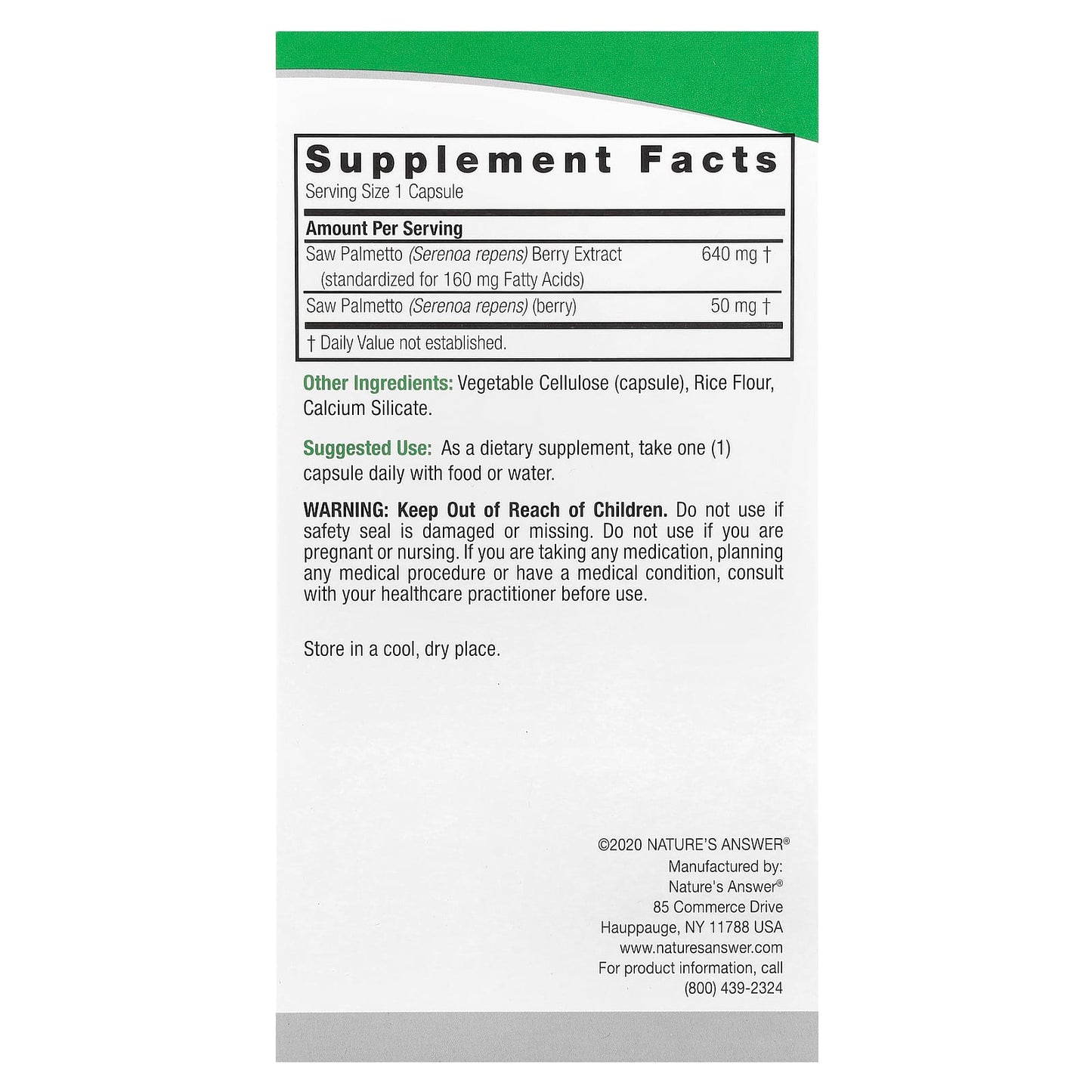 Nature's Answer, Saw Palmetto, Standardized, 690 mg, 120 Vegetarian Capsules - Image 2