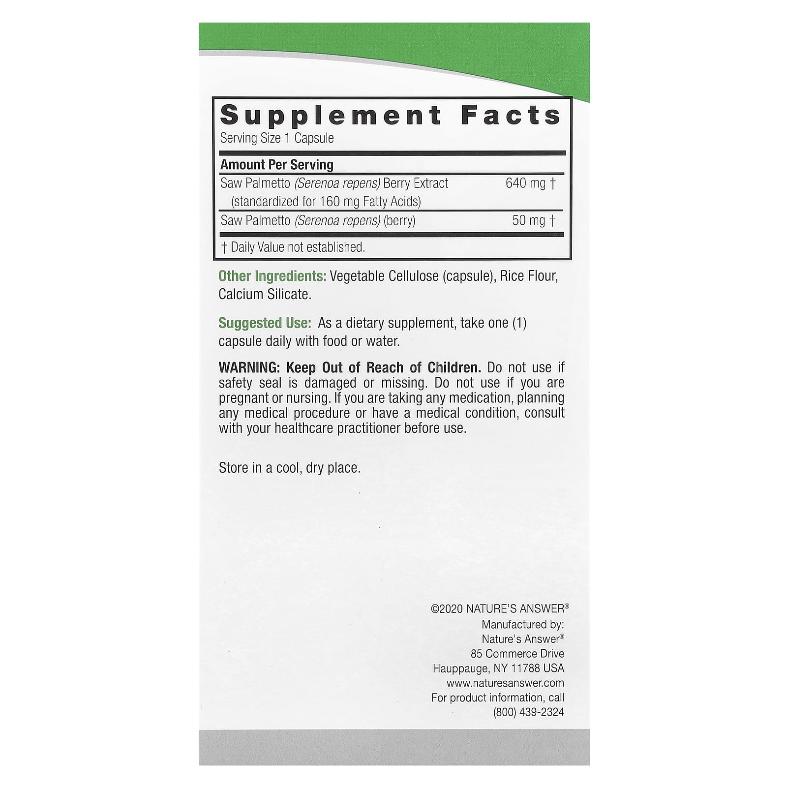 Nature's Answer, Saw Palmetto, Standardized, 690 mg, 120 Vegetarian Capsules - Image 2