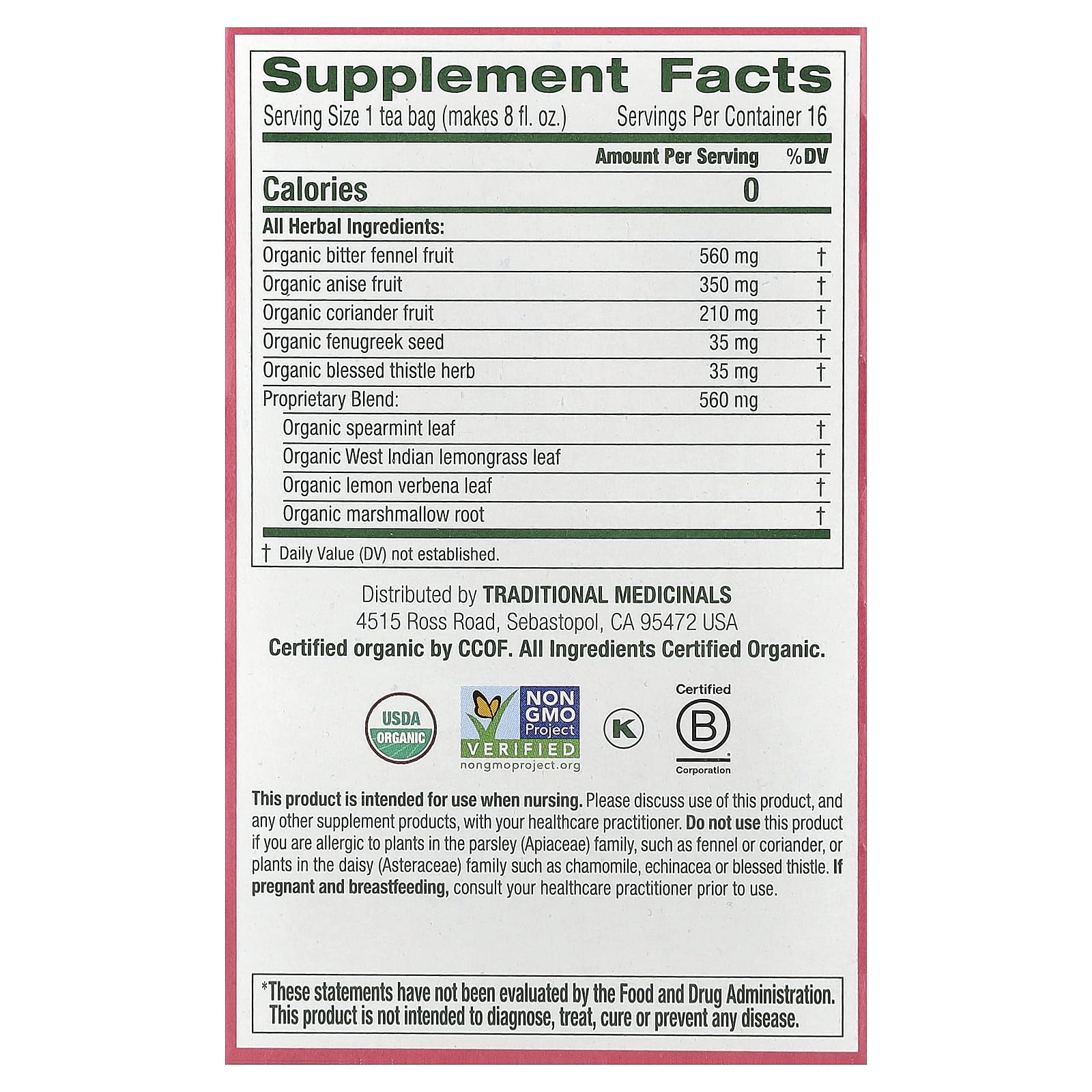 Traditional Medicinals, Organic Mother's Milk®, Original with Fennel & Fenugreek, Caffeine Free, 16 Wrapped Tea Bags, 0.99 oz (28 g) - Image 2