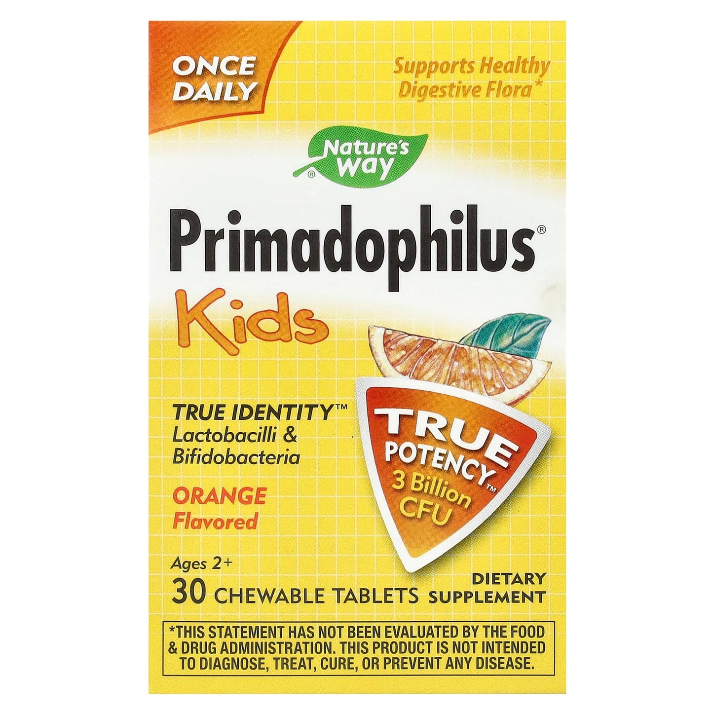 Nature's Way, Primadophilus, Kids, Ages 2+, Orange, 3 Billion CFU, 30 Chewable Tablets - Image 1