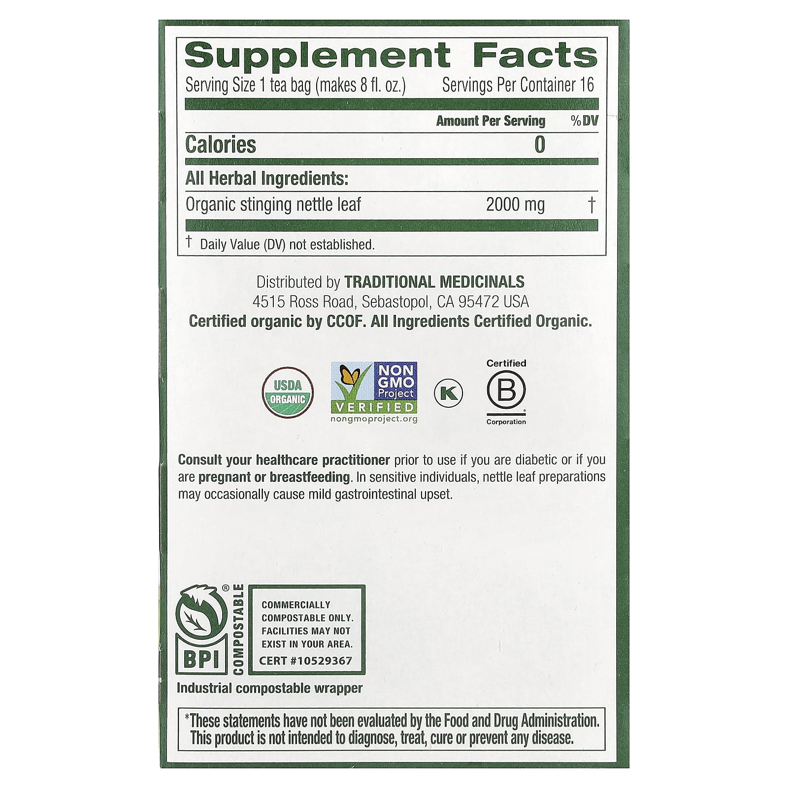 Traditional Medicinals, Organic Nettle Leaf, Caffeine Free, 16 Wrapped Tea Bags, 1.13 oz (32 g) - Image 2