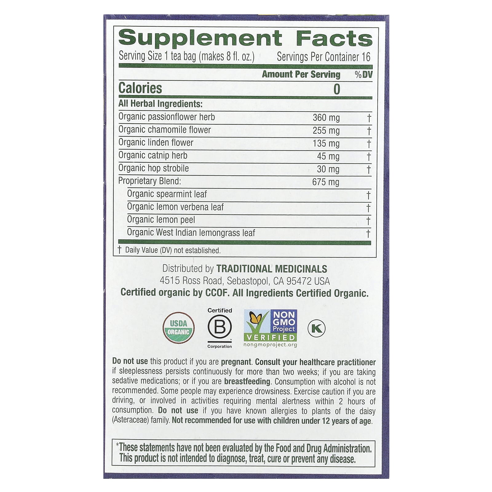 Traditional Medicinals, Organic Nighty Night, Chamomile & Passionflower, Caffeine Free, 16 Wrapped Tea Bags, 0.85 oz (24 g) - Image 2