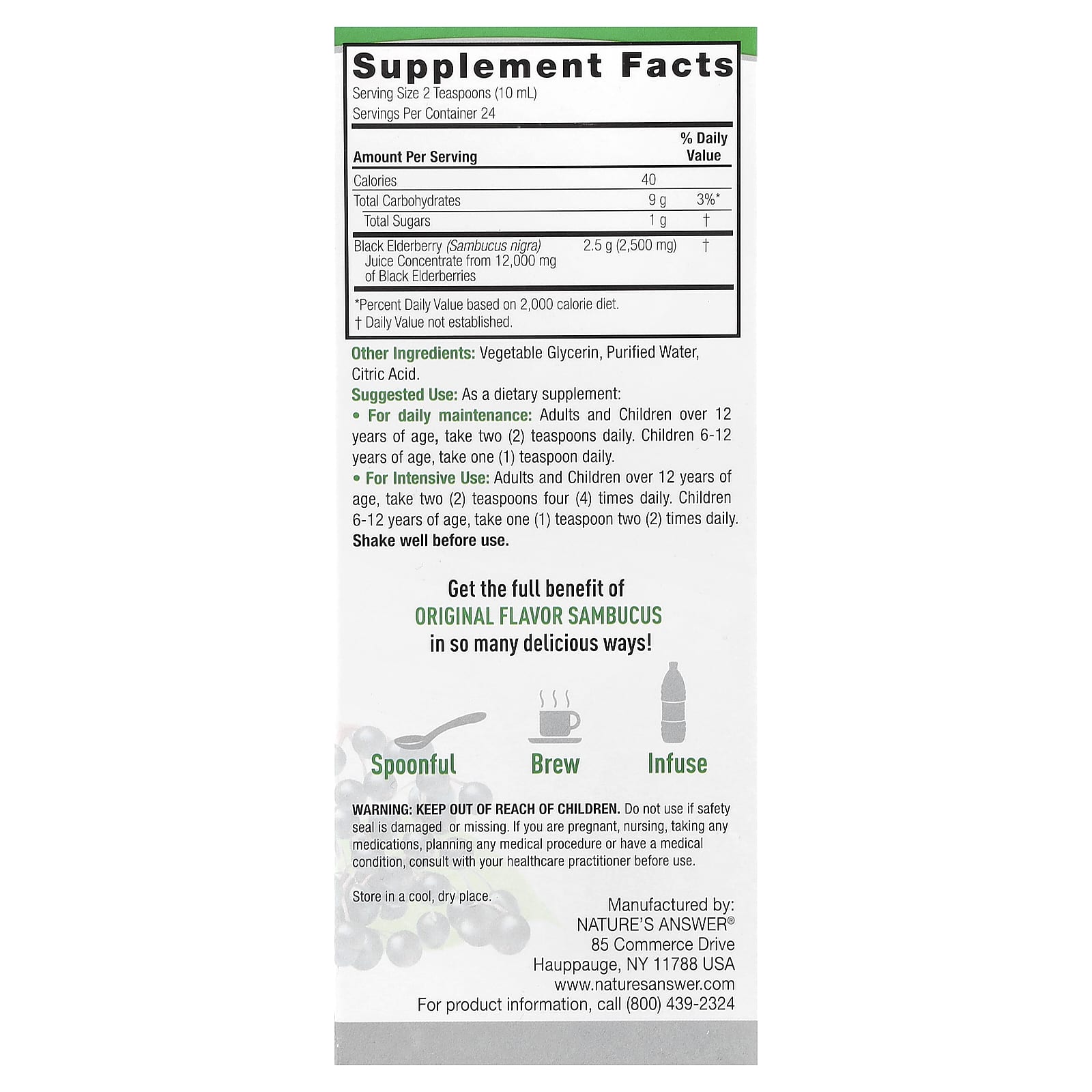 Nature's Answer, Sambucus, Black Elderberry, Alcohol-Free, 2,500 mg, 8 fl oz (240 ml) - Image 2