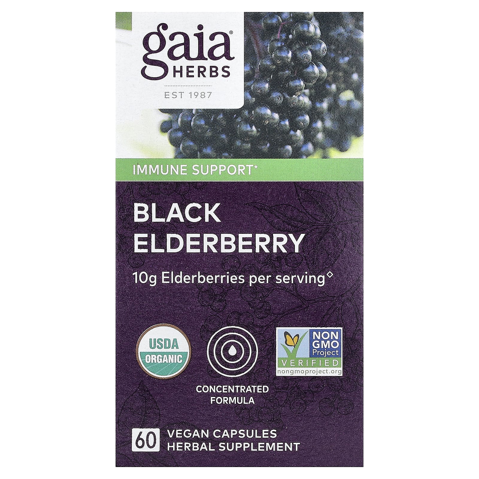 Black Elderberry Immune Support Supplement, 60 Vegan Capsules by Gaia Herbs - Image 1