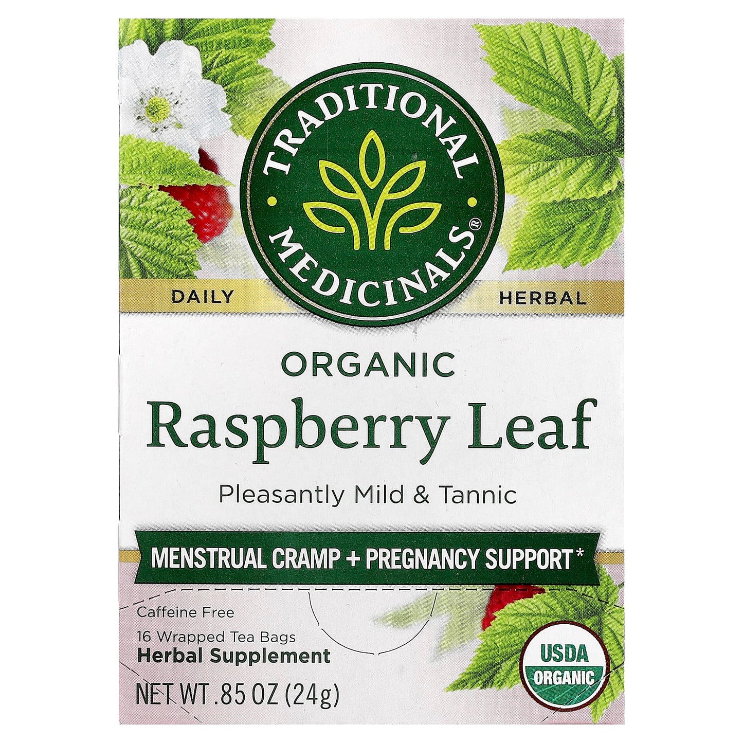 Traditional Medicinals, Organic Raspberry Leaf, Caffeine Free, 16 Wrapped Tea Bags, 0.85 oz (24 g) - Image 1
