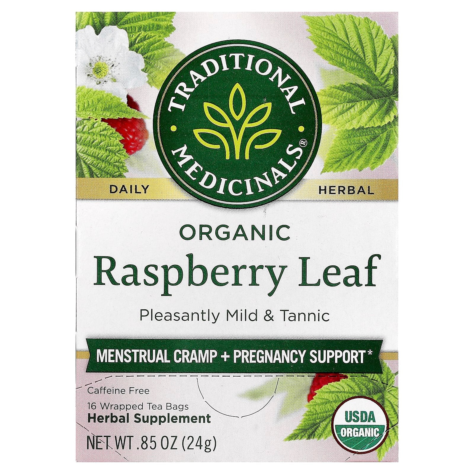 Traditional Medicinals, Organic Raspberry Leaf, Caffeine Free, 16 Wrapped Tea Bags, 0.85 oz (24 g) - Image 1