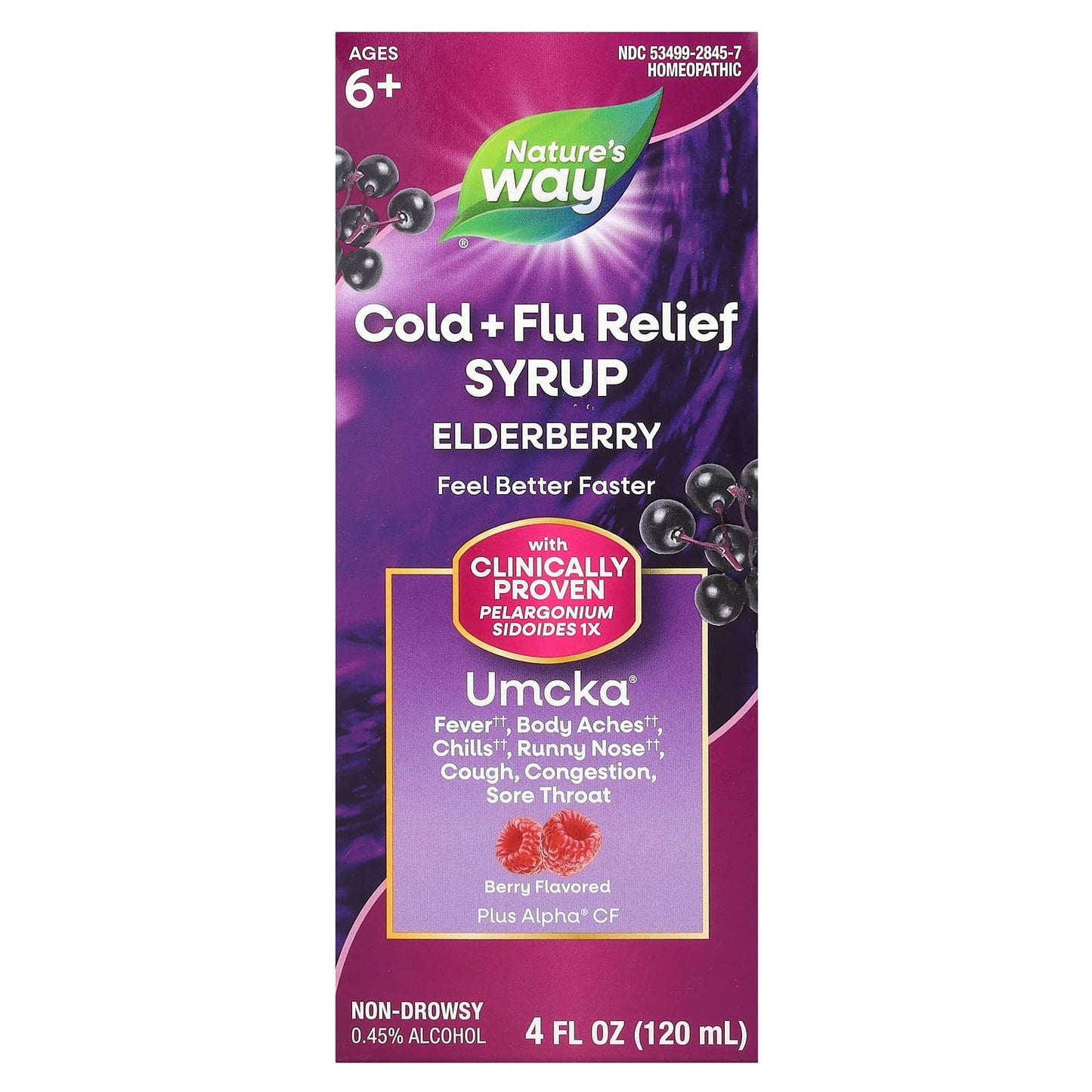 Nature's Way, Cold + Flu Relief Syrup, Elderberry, Umcka®, Ages 6+, Berry, 4 fl oz (120 ml) - Image 1