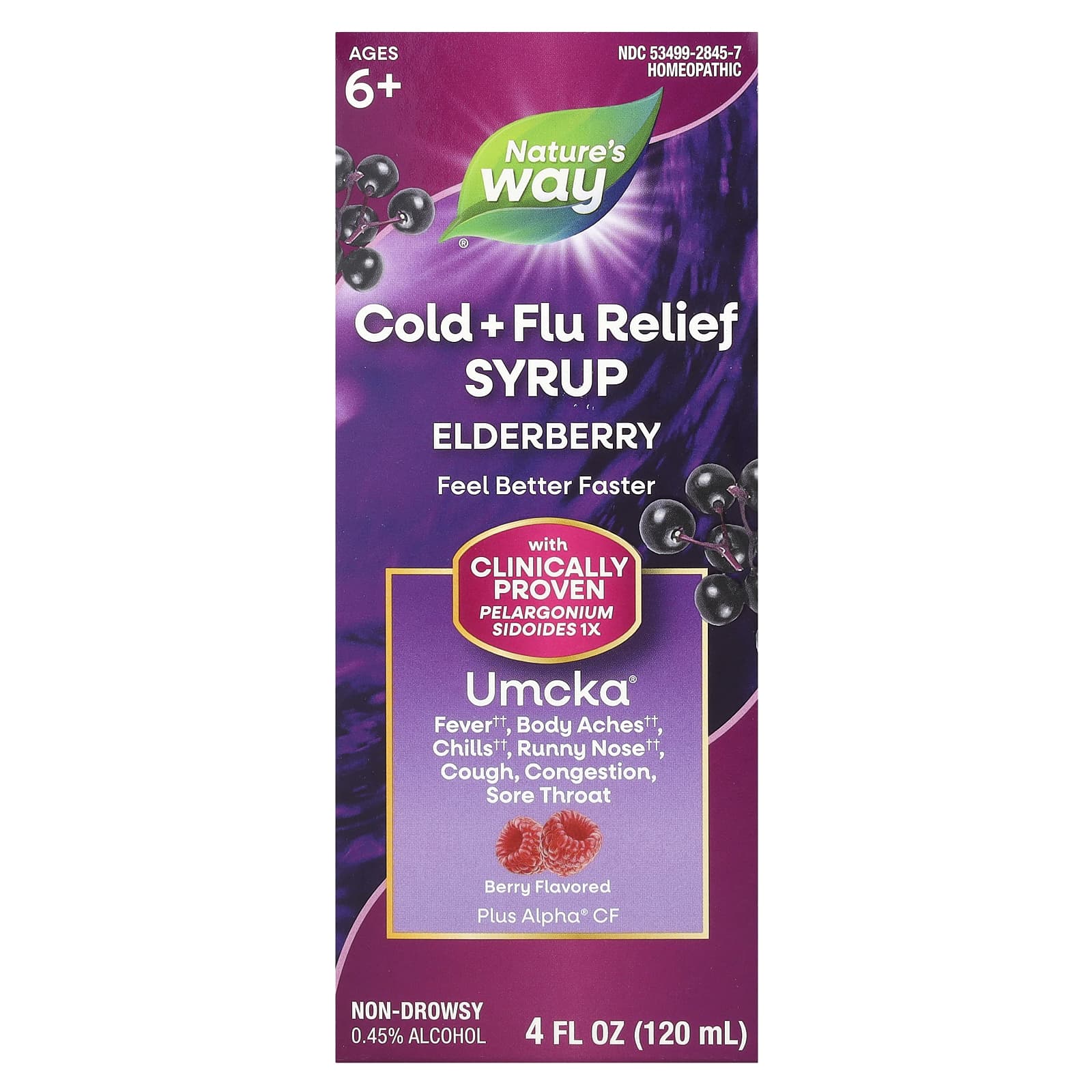 Nature's Way, Cold + Flu Relief Syrup, Elderberry, Umcka®, Ages 6+, Berry, 4 fl oz (120 ml) - Image 1