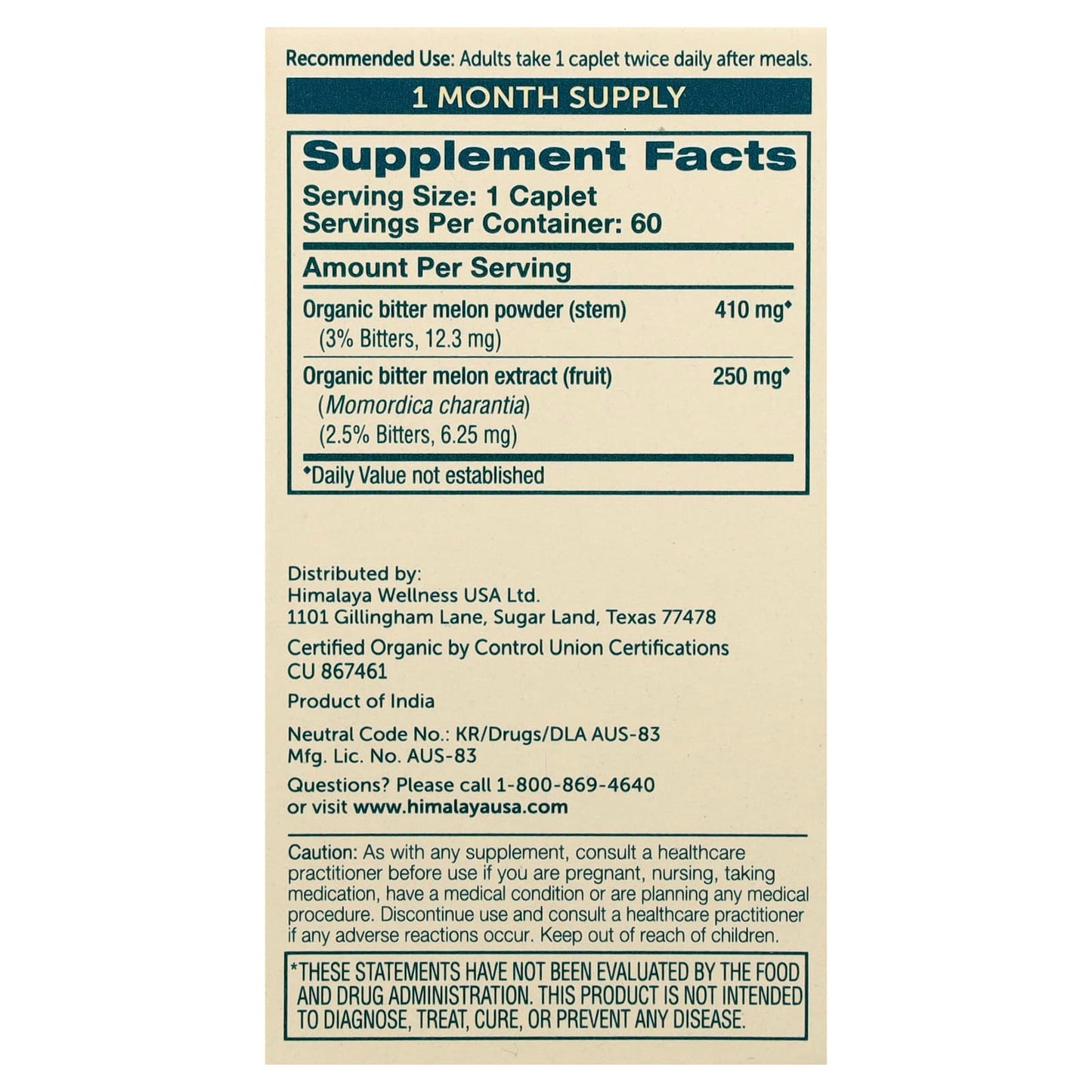 Himalaya Organic Bitter Melon Supplement for Balanced Blood Sugar - 60 Caplets - Image 2