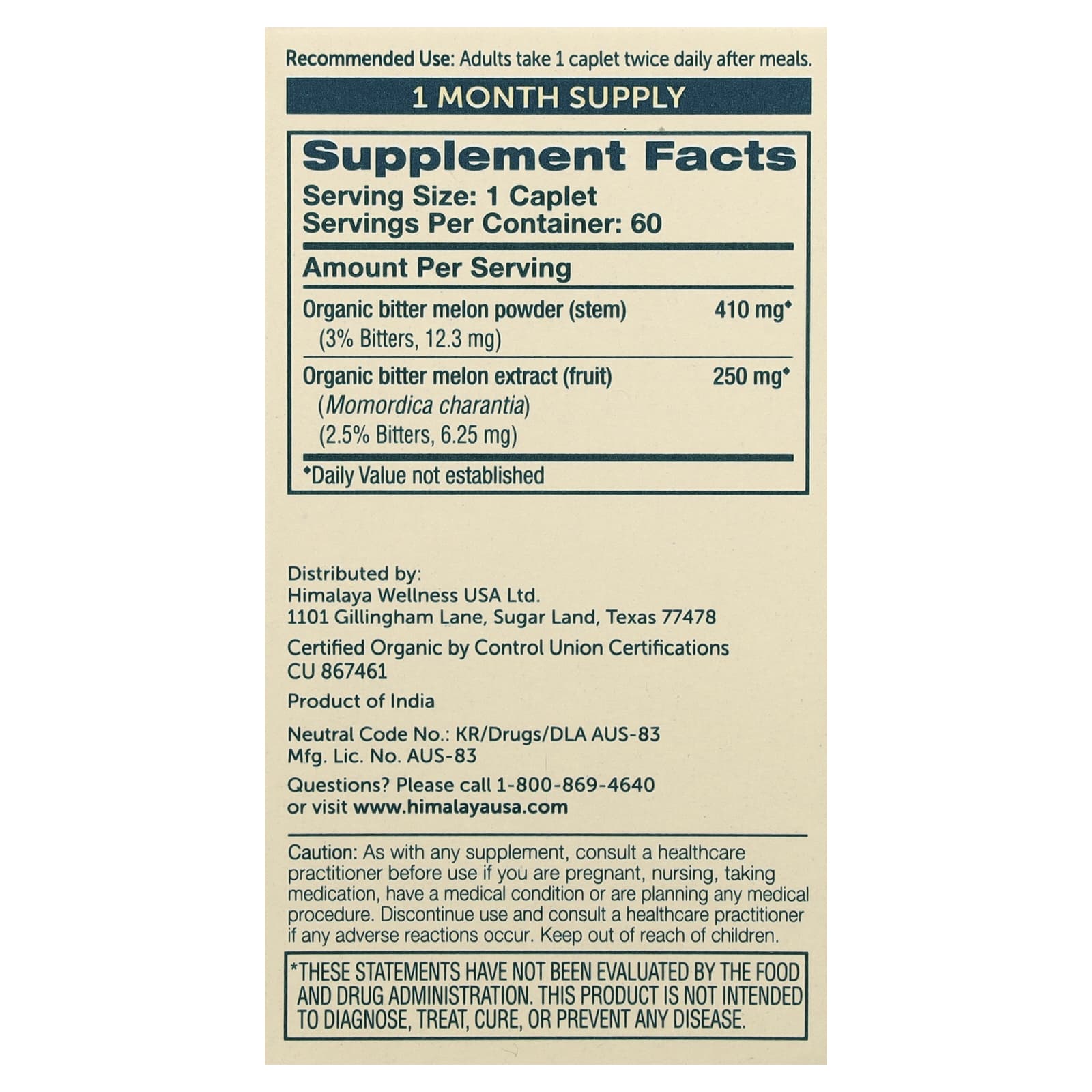 Himalaya Organic Bitter Melon Supplement for Balanced Blood Sugar - 60 Caplets - Image 2