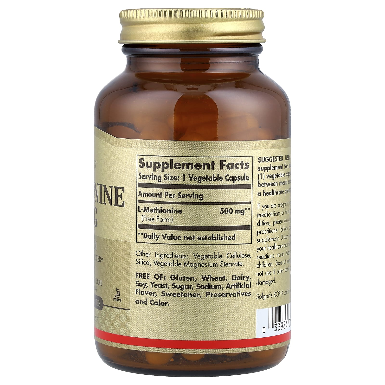 Solgar, L-Methionine, 500 mg, 90 Vegetable Capsules - Image 2