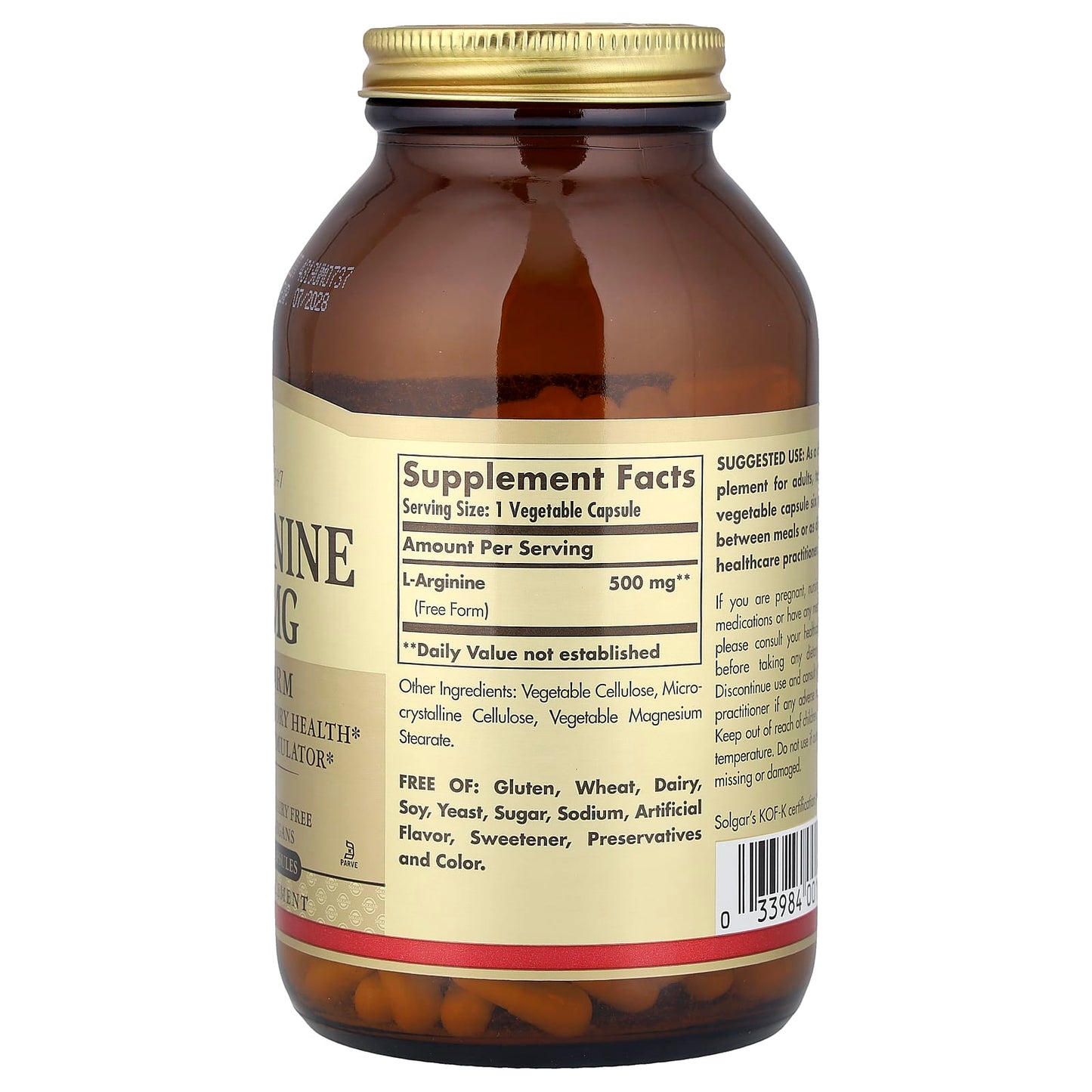 Solgar, L-Arginine, Free Form, 500 mg, 250 Vegetable Capsules - Image 2