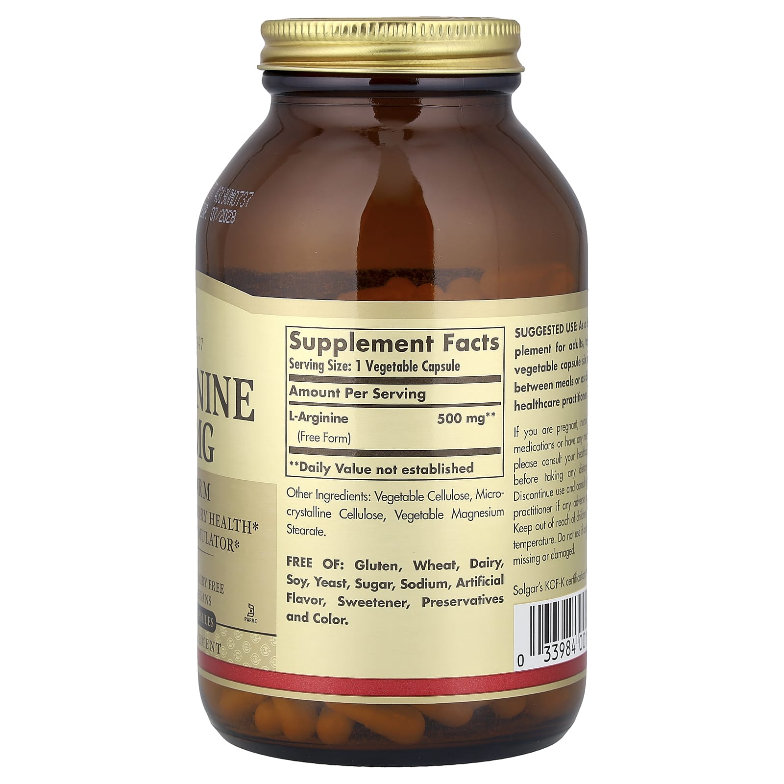 Solgar, L-Arginine, Free Form, 500 mg, 250 Vegetable Capsules - Image 2